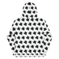 This image showcases the back view of a unisex white hoodie with an all-over print design featuring the Shapetrix logo. The hoodie is adorned with a repeated pattern of the black stylized 'S' logo of Shapetrix. It includes a fully lined hood that continues the same pattern, enhancing the design's consistency. The hoodie's clean and modern aesthetic is emphasized by its snug fit and ribbed cuffs, making it a versatile piece for both style and comfort.