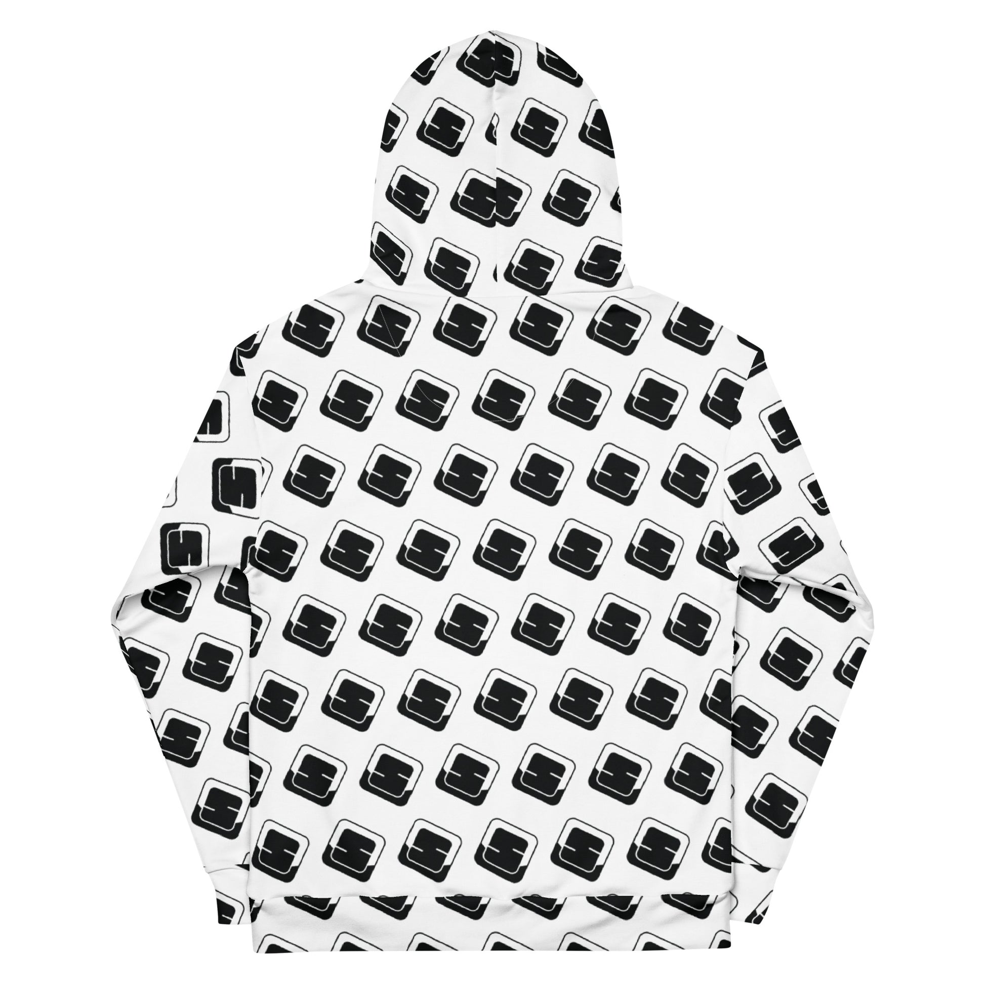 This image showcases the back view of a unisex white hoodie with an all-over print design featuring the Shapetrix logo. The hoodie is adorned with a repeated pattern of the black stylized 'S' logo of Shapetrix. It includes a fully lined hood that continues the same pattern, enhancing the design's consistency. The hoodie's clean and modern aesthetic is emphasized by its snug fit and ribbed cuffs, making it a versatile piece for both style and comfort.