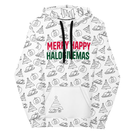 White hoodie with an all-over black and white doodle print featuring holiday motifs such as Christmas trees, pumpkins, and Thanksgiving turkey, with the festive red and green text 'Merry Happy Halogivemas' prominently displayed across the chest.