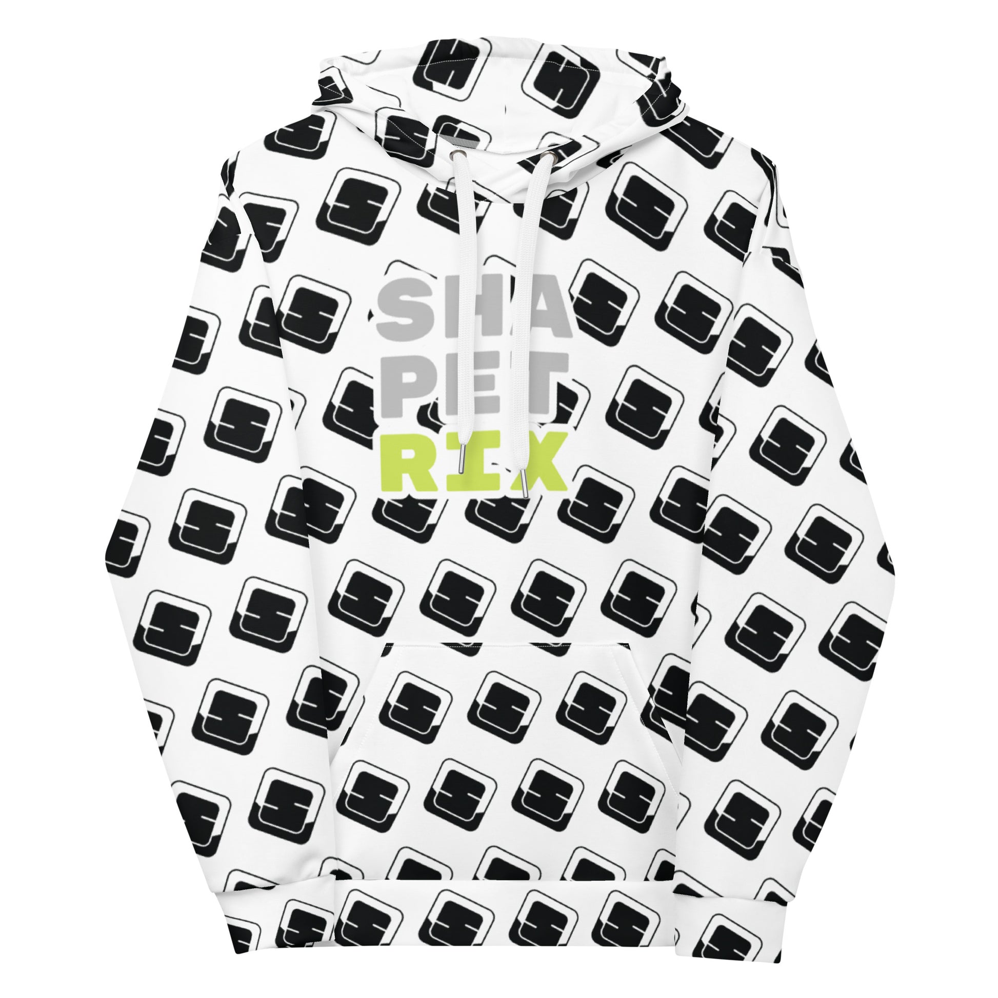 This image features a unisex hoodie with an all-over print design based on the Shapetrix logo. The hoodie is predominantly white, with multiple black icons of the stylized Shapetrix 'S' logo patterned throughout. The brand name "SHAPETRIX" is displayed boldly in lime green across the chest area, emphasizing the hoodie's connection to the Shapetrix Entertainment brand. The hoodie also includes a drawstring hood and a front pouch pocket, combining stylish design with practical elements.