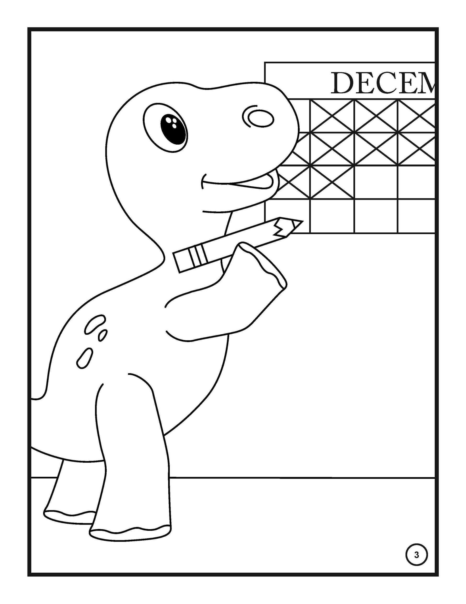 A coloring page featuring a dinosaur engaging with a December calendar, marking a date. The playful dinosaur holds a pencil and appears to be doing a countdown to Christmas. The design includes large, clear lines suitable for young artists.