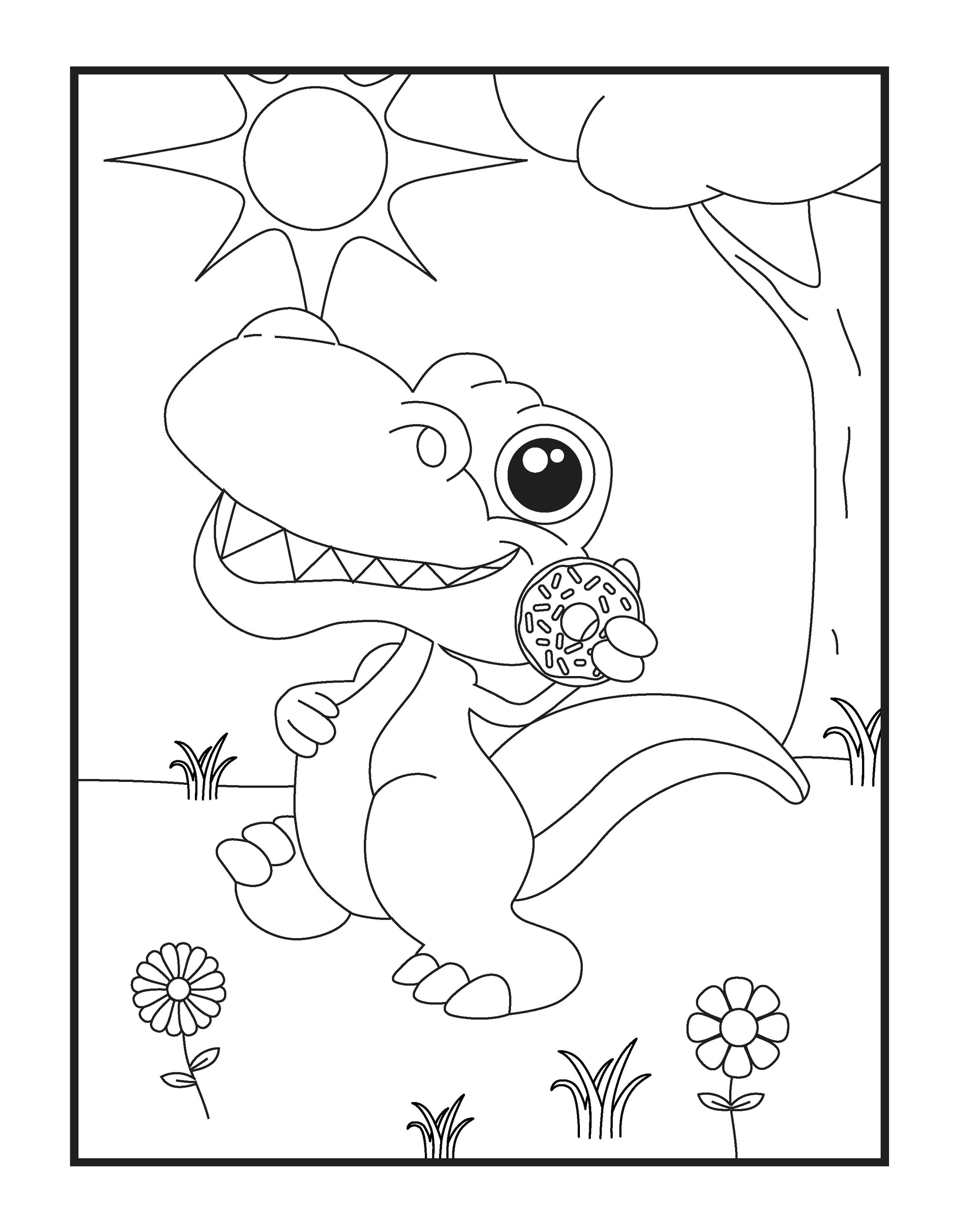 A cheerful coloring page featuring a small, smiling dinosaur standing outdoors under a bright sun. The dinosaur is holding a doughnut in one hand and is surrounded by blooming flowers and grass. A tree frames the right side of the scene, creating a fun and playful setting for young artists to enjoy.