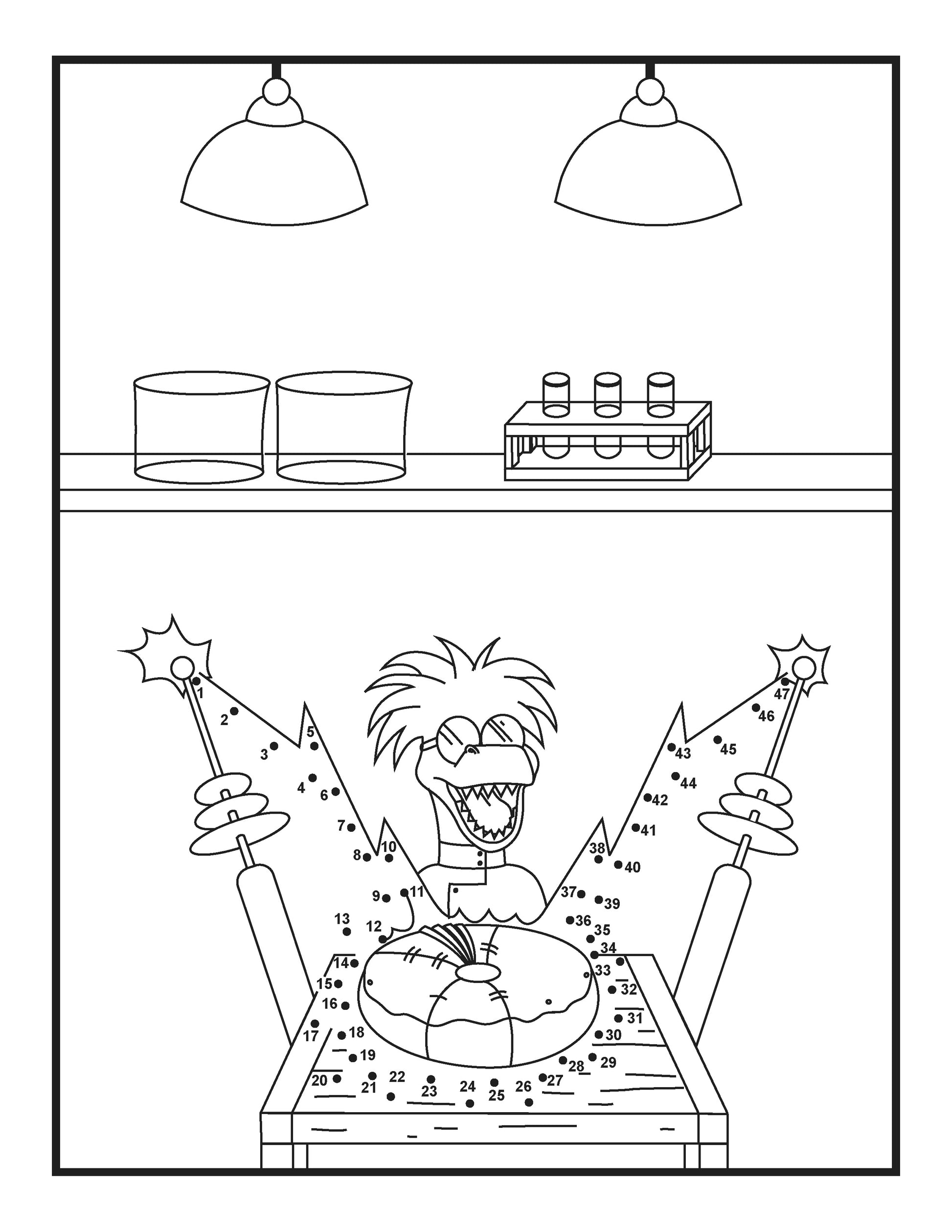 A connect-the-dots activity featuring a mad scientist dinosaur in a lab. The dinosaur is wearing safety goggles and a lab coat, holding two sparking rods in its hands. On the table in front of it is a doughnut-shaped object, surrounded by numbered dots to complete the scene. The lab is detailed with shelves holding test tubes, jars, and overhead lighting, creating a humorous and energetic scientific atmosphere. The numbers guide participants to finish the playful drawing.