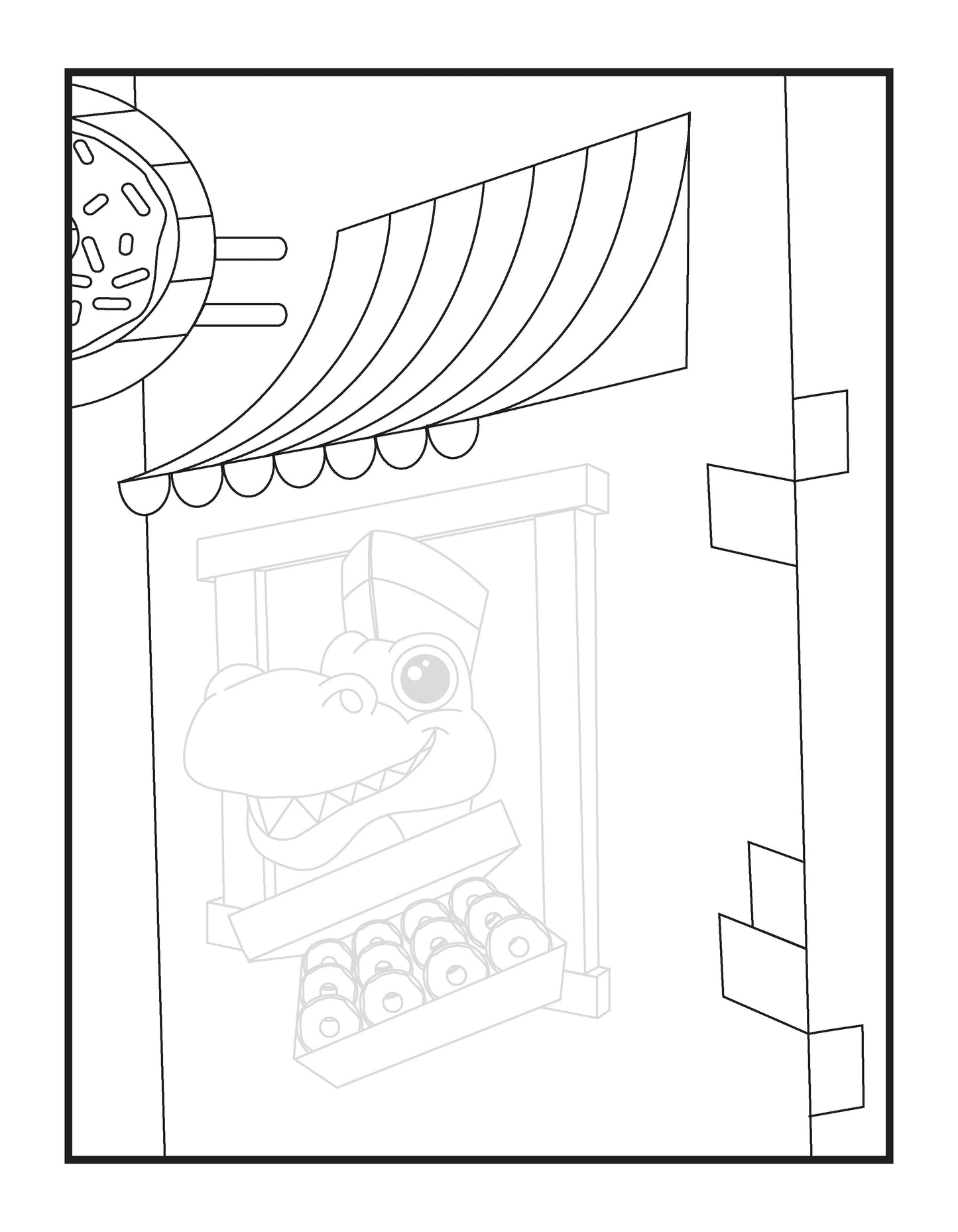 A whimsical coloring page depicts a dinosaur baker smiling from a shop window, with trays of doughnuts neatly displayed below. The shop features a striped awning and a brick wall design, while a sign shaped like a doughnut hangs to the side, adding a playful touch to the scene. The inviting setting evokes a charming bakery vibe, perfect for imaginative coloring.