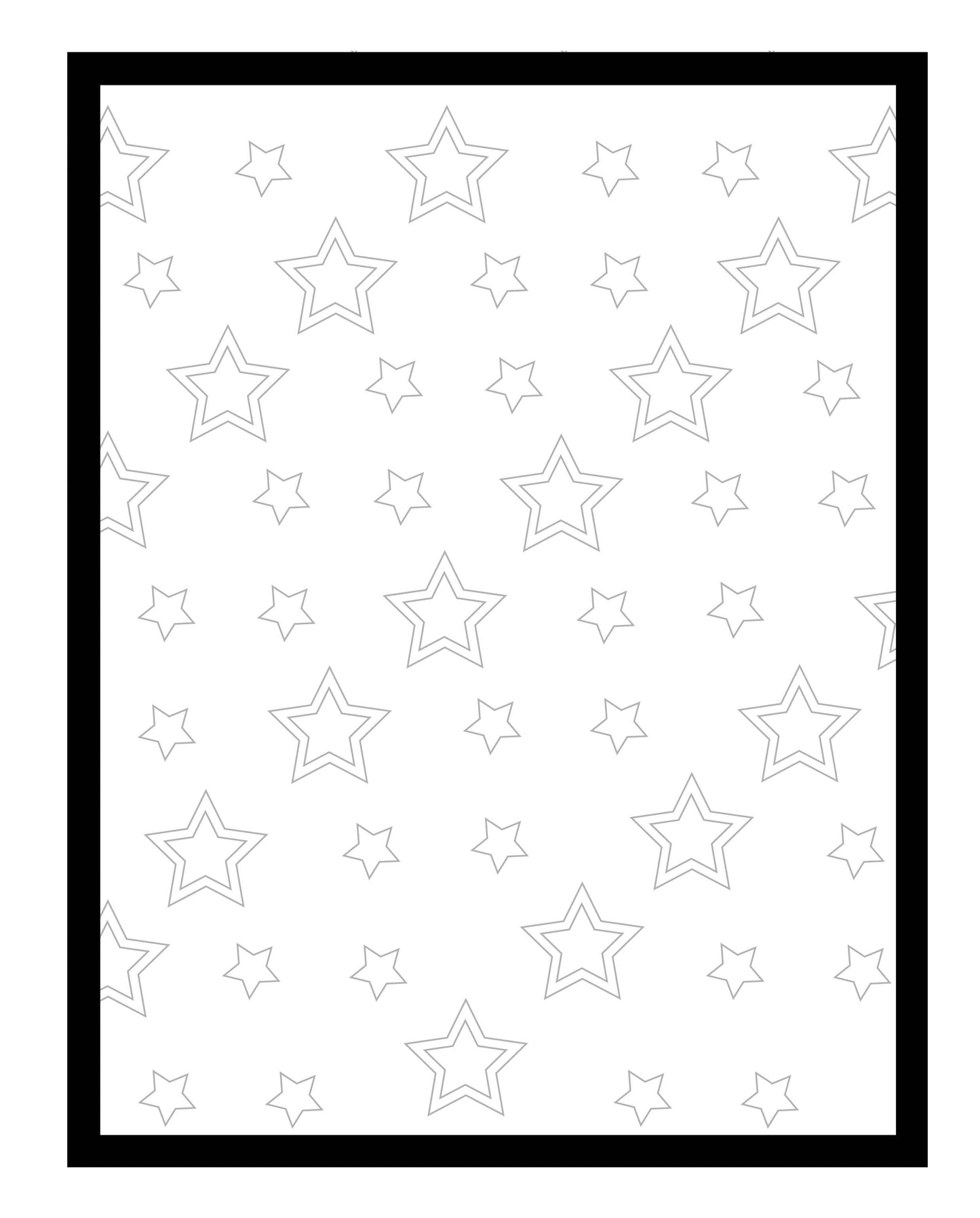 A black-framed coloring page featuring a scattered pattern of outlined stars in various sizes. The design provides a playful canvas for adding bursts of color to each star.