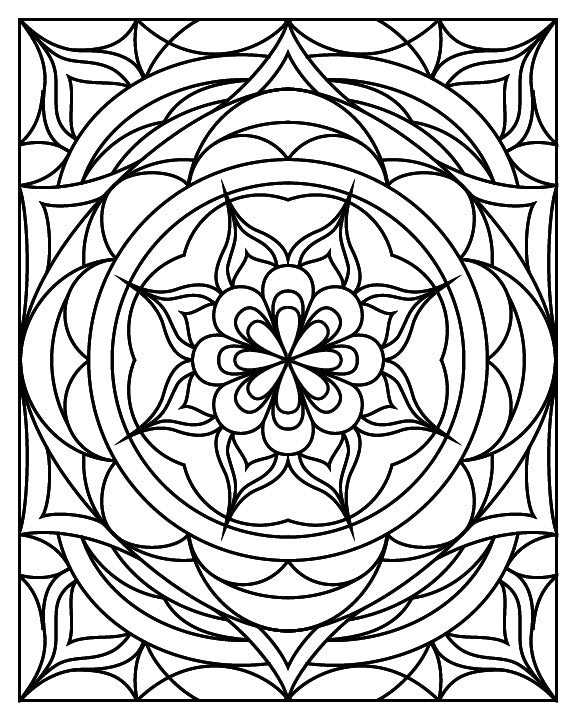 A black-and-white mandala coloring page featuring a symmetrical floral design at the center, surrounded by intricate patterns of petals, curved lines, and geometric shapes. The design is enclosed within a square frame, providing ample space for creative coloring with detailed and repetitive elements.