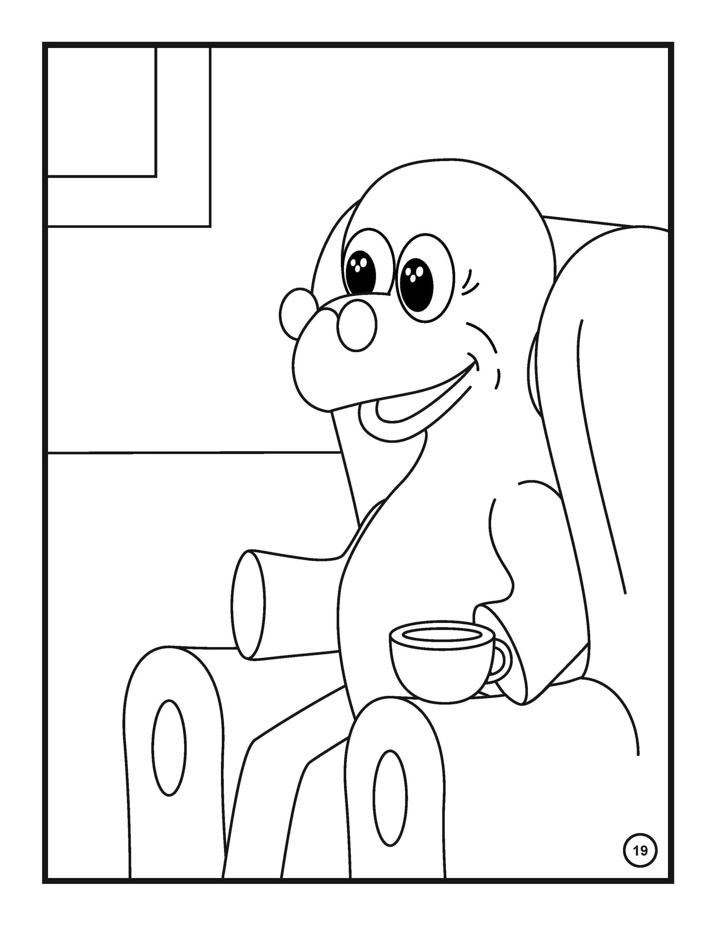 
A coloring page from a children's book depicting a cheerful dinosaur relaxing in an armchair. The dinosaur, with a large, friendly smile, holds a cup of hot chocolate. The setting suggests a cozy indoor environment, likely a living room, with a simplistic and kid-friendly design to encourage creativity and personalization through coloring.