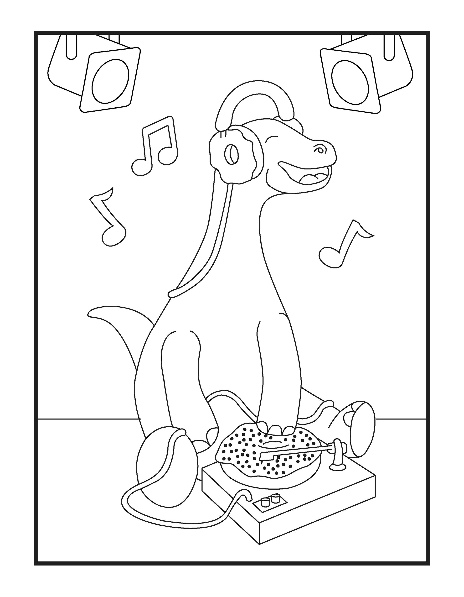 A delightful coloring page featuring a dinosaur acting as a DJ. The dinosaur is wearing headphones and smiling while using a turntable designed like a doughnut. Music notes float in the air, indicating a lively beat, with overhead spotlights adding to the party atmosphere. A fun and whimsical scene perfect for young artists.