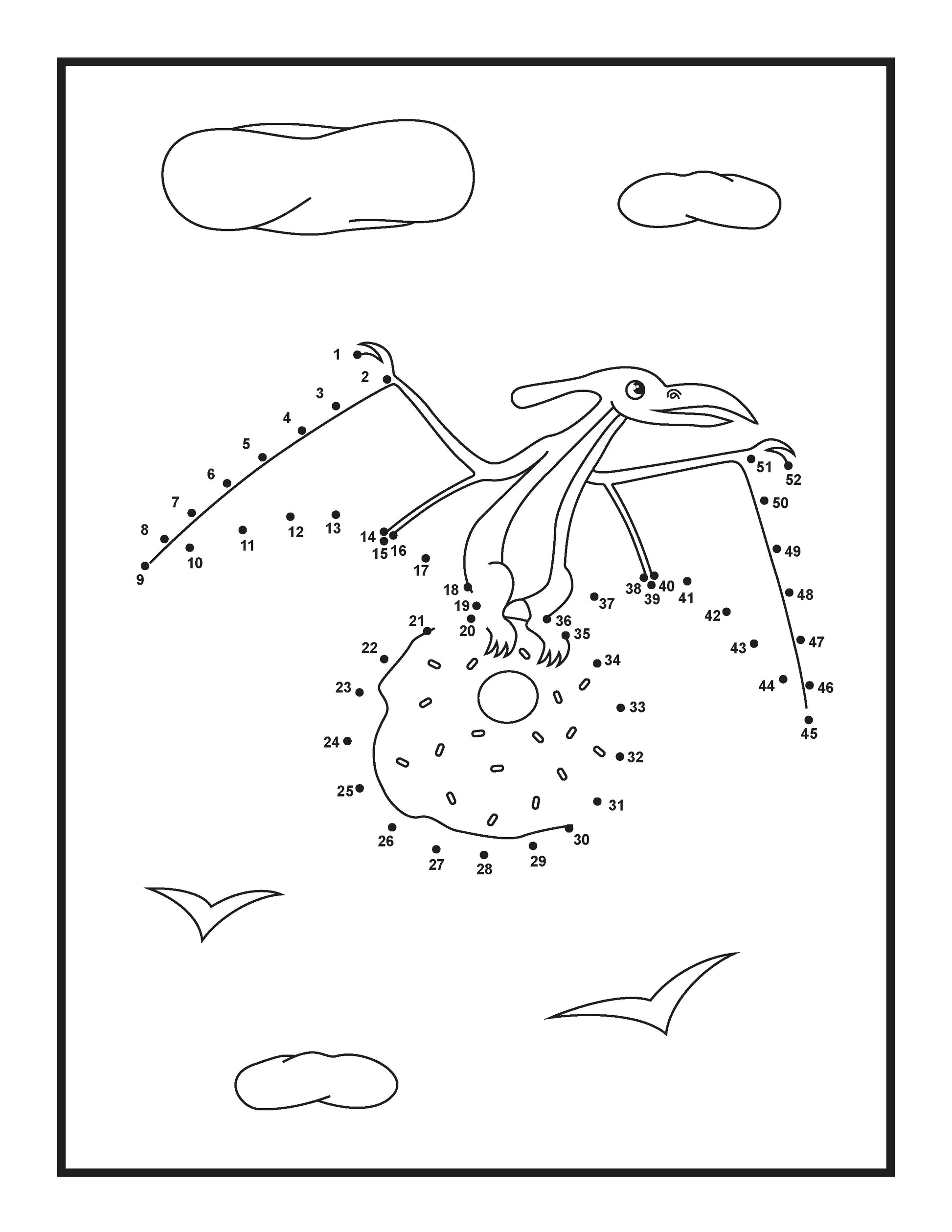 
A connect-the-dots activity featuring a flying pterodactyl clutching a doughnut with sprinkles in its talons. The pterodactyl is outlined with numbered dots, guiding the participant to complete its wings and body. The scene includes clouds and birds in the background, adding a sense of motion and an outdoor setting. The numbers range from 1 to 52, creating a fun and engaging activity.