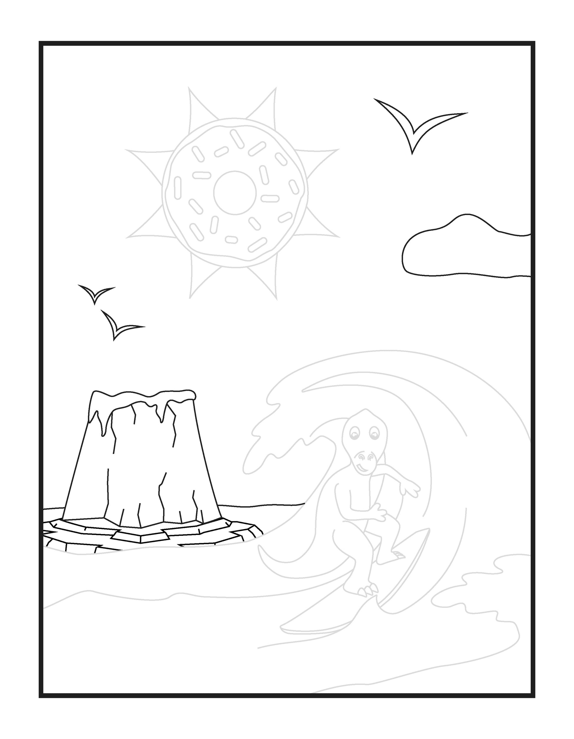 A fun coloring page shows a surfing dinosaur riding a large wave near a volcano in the background. The sky features a sun cleverly designed as a giant sprinkled doughnut, with a few birds flying overhead and a fluffy cloud floating by. The lively scene blends tropical and whimsical elements, inviting creativity and imagination.