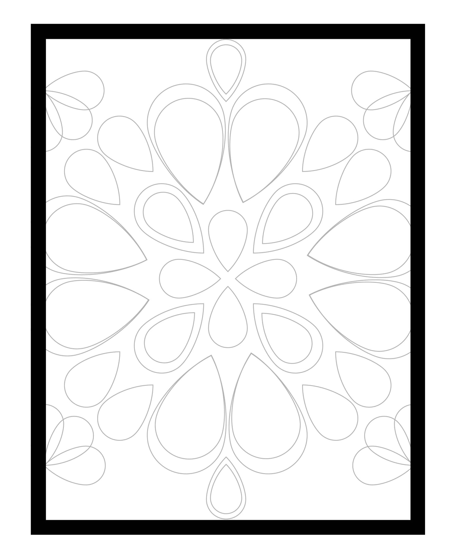 A black-framed coloring page featuring a symmetrical mandala design made up of teardrop shapes radiating outward. The pattern offers a calming and creative outlet for adding vibrant or subtle color schemes.