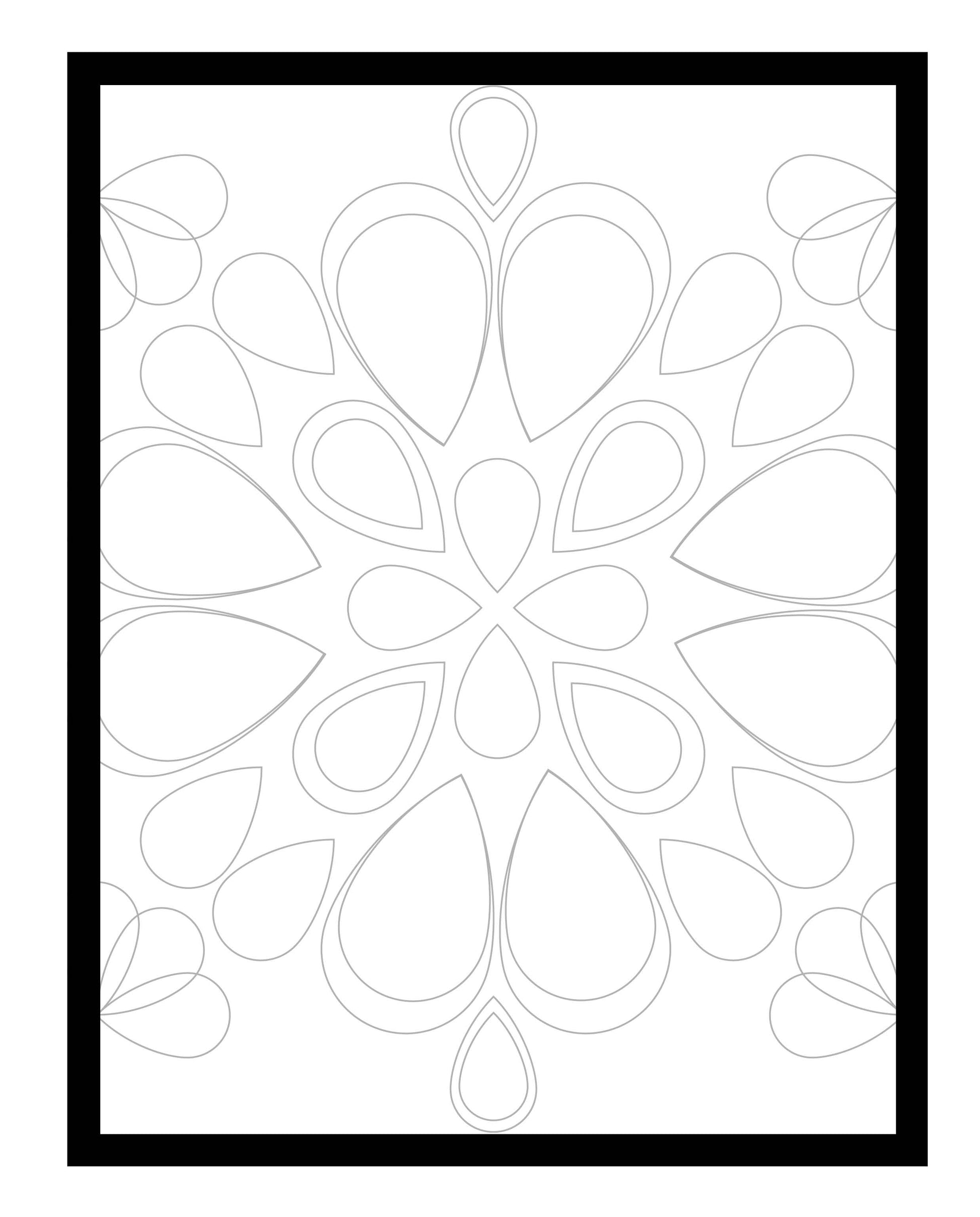 A black-framed coloring page featuring a symmetrical mandala design made up of teardrop shapes radiating outward. The pattern offers a calming and creative outlet for adding vibrant or subtle color schemes.