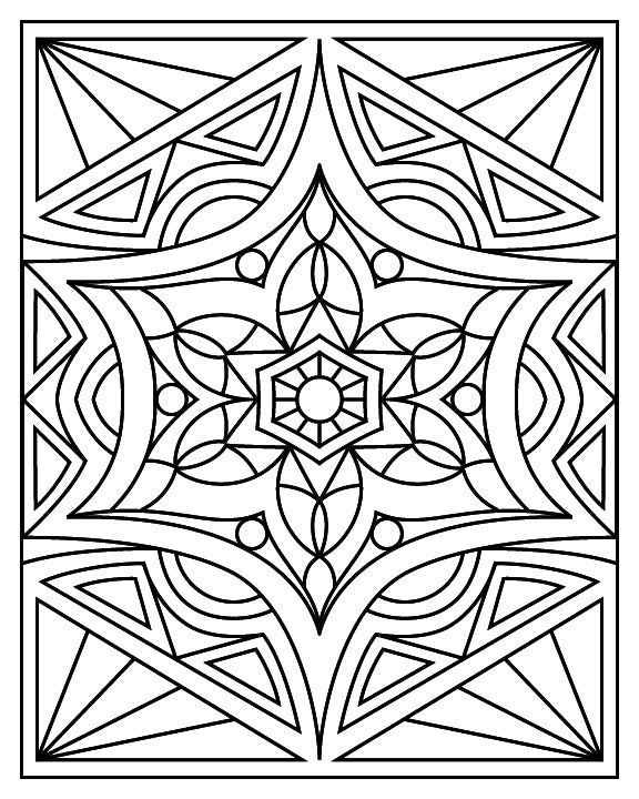 A black-and-white geometric mandala coloring page with a star-shaped design at its center. The composition features intricate overlapping shapes, including petals, and circles radiating outward. Triangular patterns and curved lines frame the star, creating a balanced and symmetrical design ideal for coloring enthusiasts.