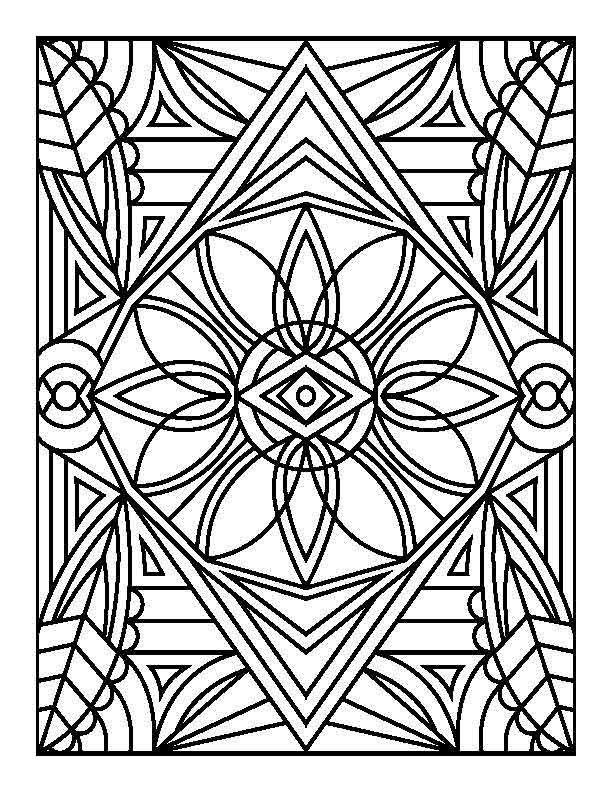 A black-and-white geometric pattern featuring a diamond-shaped central motif surrounded by symmetrical floral and leaf-like details. The intricate design includes overlapping shapes, sharp angles, and curved lines, all enclosed within a rectangular border. Ideal for coloring enthusiasts who enjoy detailed, symmetrical designs.