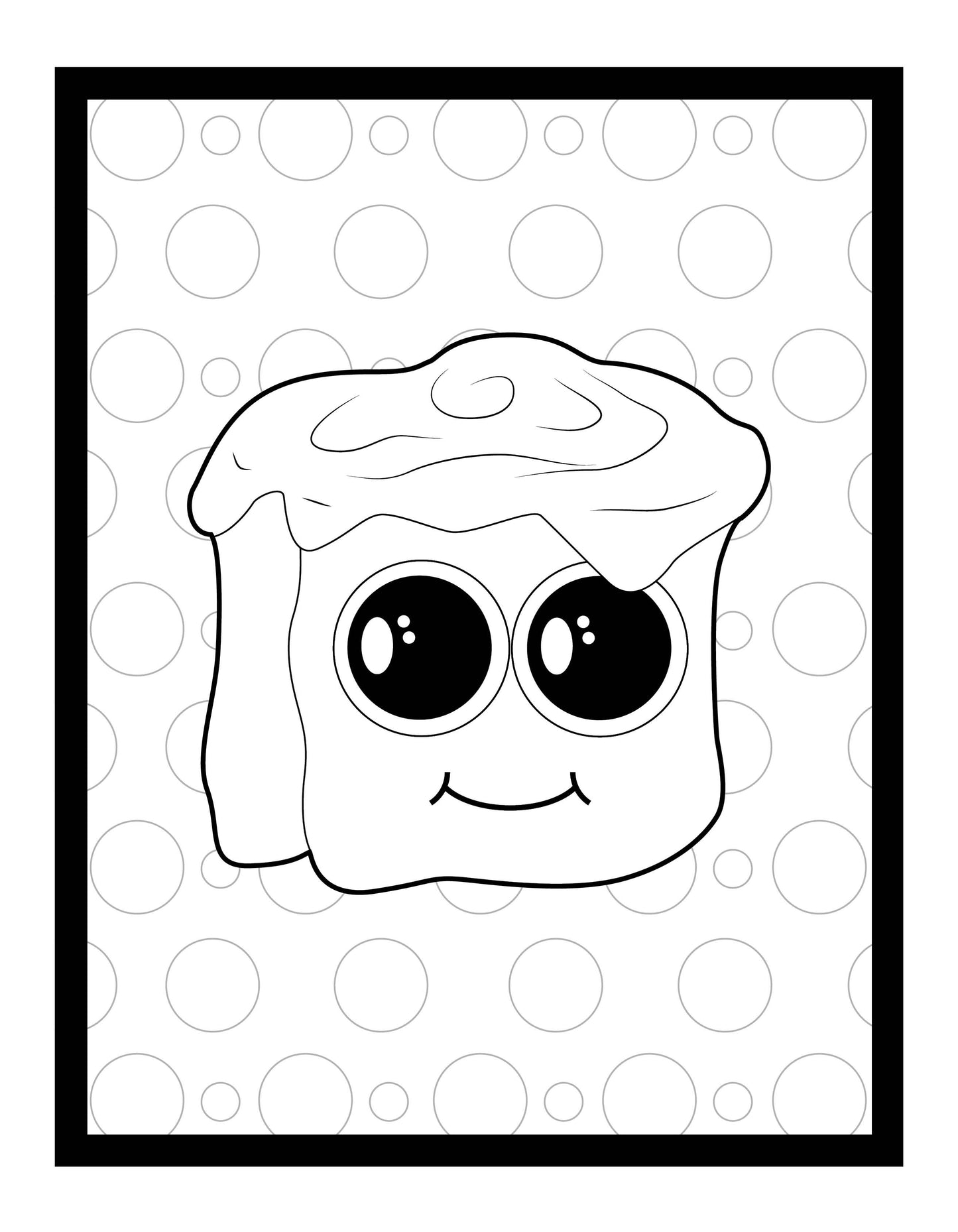 A delightful illustration of a cinnamon roll character with large, sparkling eyes and a cheerful smile. The roll features a swirled icing topping that adds a whimsical touch. The background is decorated with a pattern of variously sized circles, complementing the playful and friendly vibe of the character.