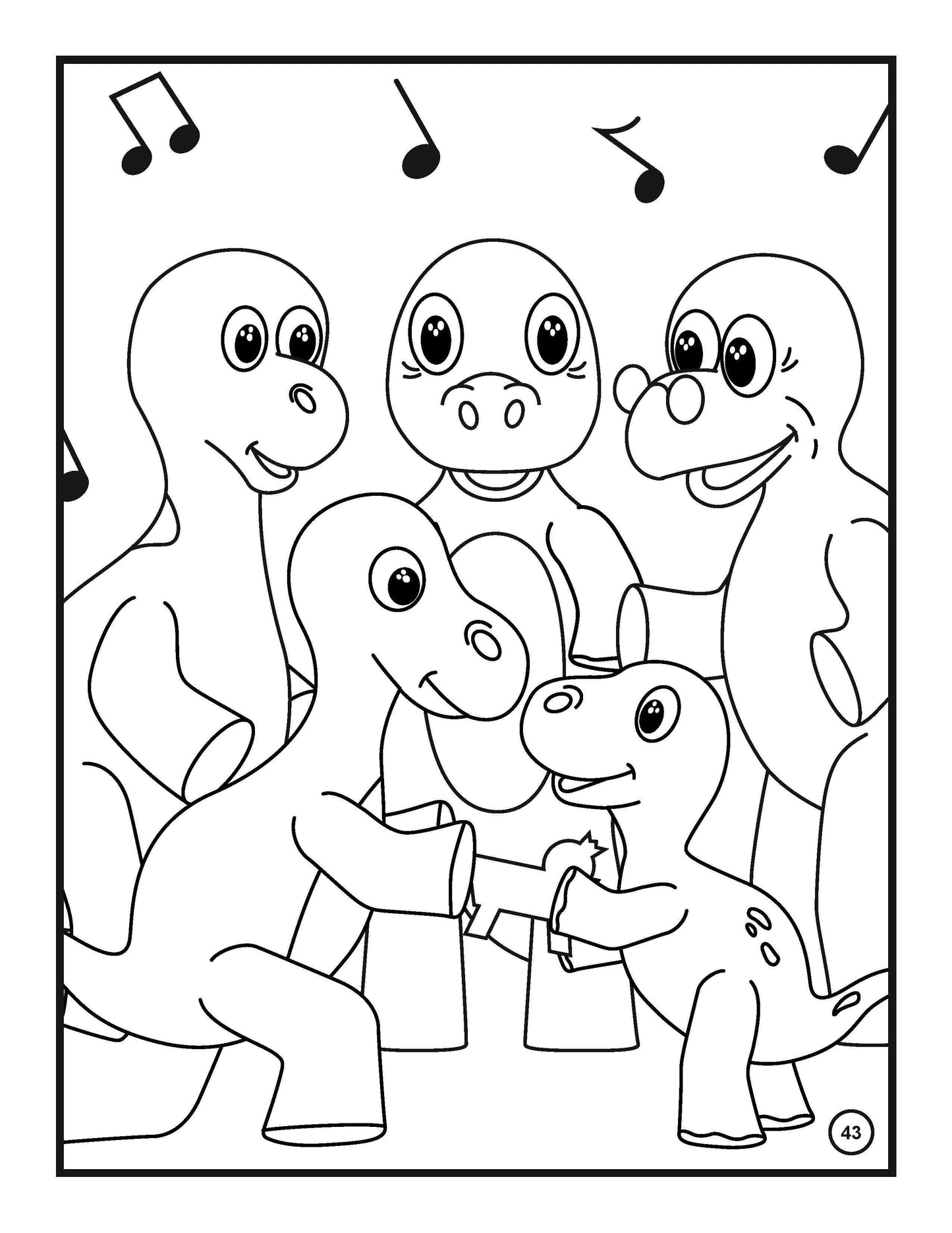 A coloring book page depicting a joyous scene of five friendly dinosaurs singing together. Four adult dinosaurs, each with a distinct expression of happiness, surround a smaller dinosaur at the center, who is holding a baby Jesus figurine. Musical notes float above them, enhancing the festive atmosphere. The entire scene is framed within a simple border, perfect for young children to color and enjoy.