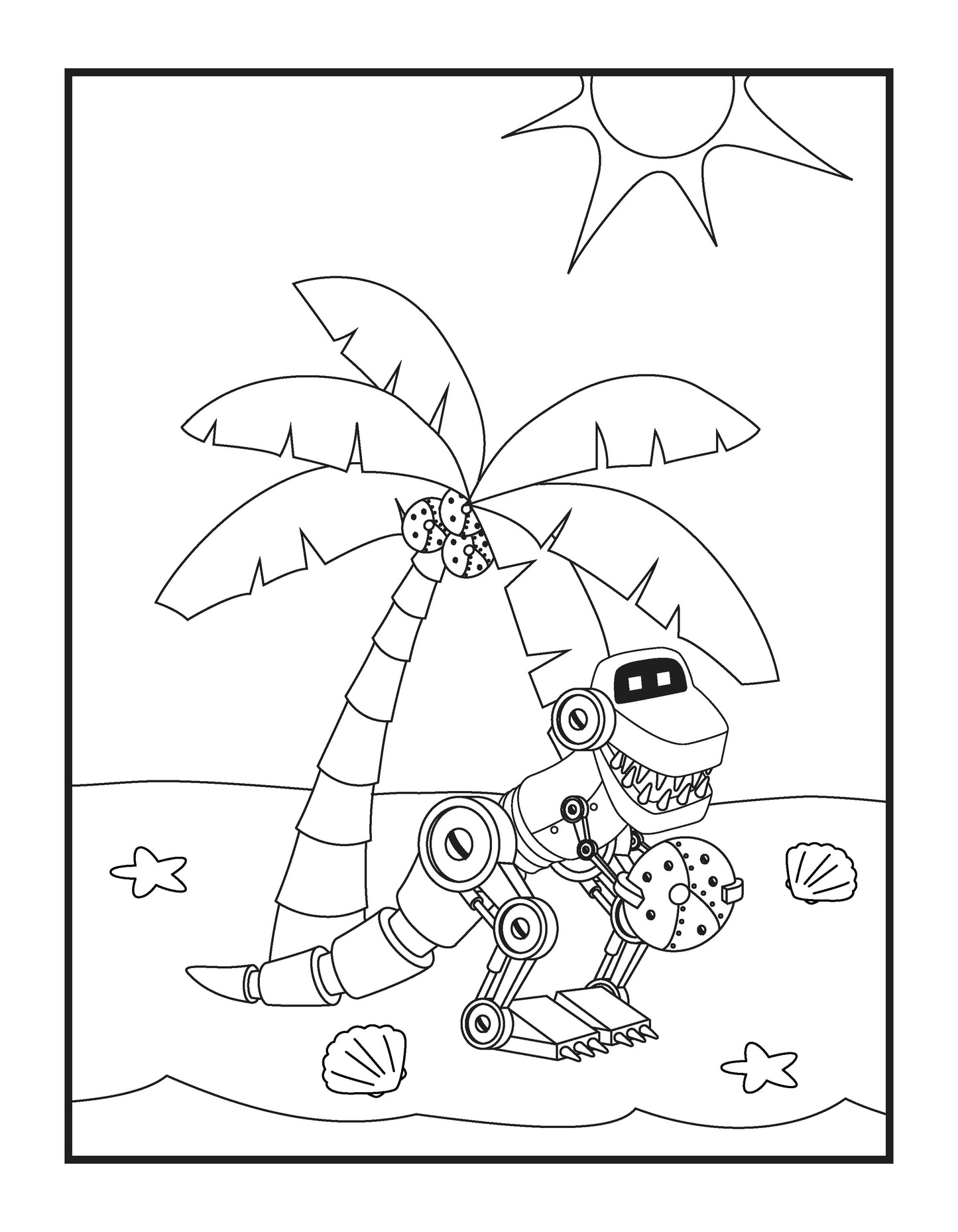 A playful coloring page featuring a robotic dinosaur on a tropical beach. The dinosaur, with mechanical details and sharp teeth, holds a doughnut in its claw. Behind it, a tall palm tree with doughnuts hanging like coconuts sways under a shining sun. Seashells and starfish decorate the sandy beach, inviting creativity and fun.