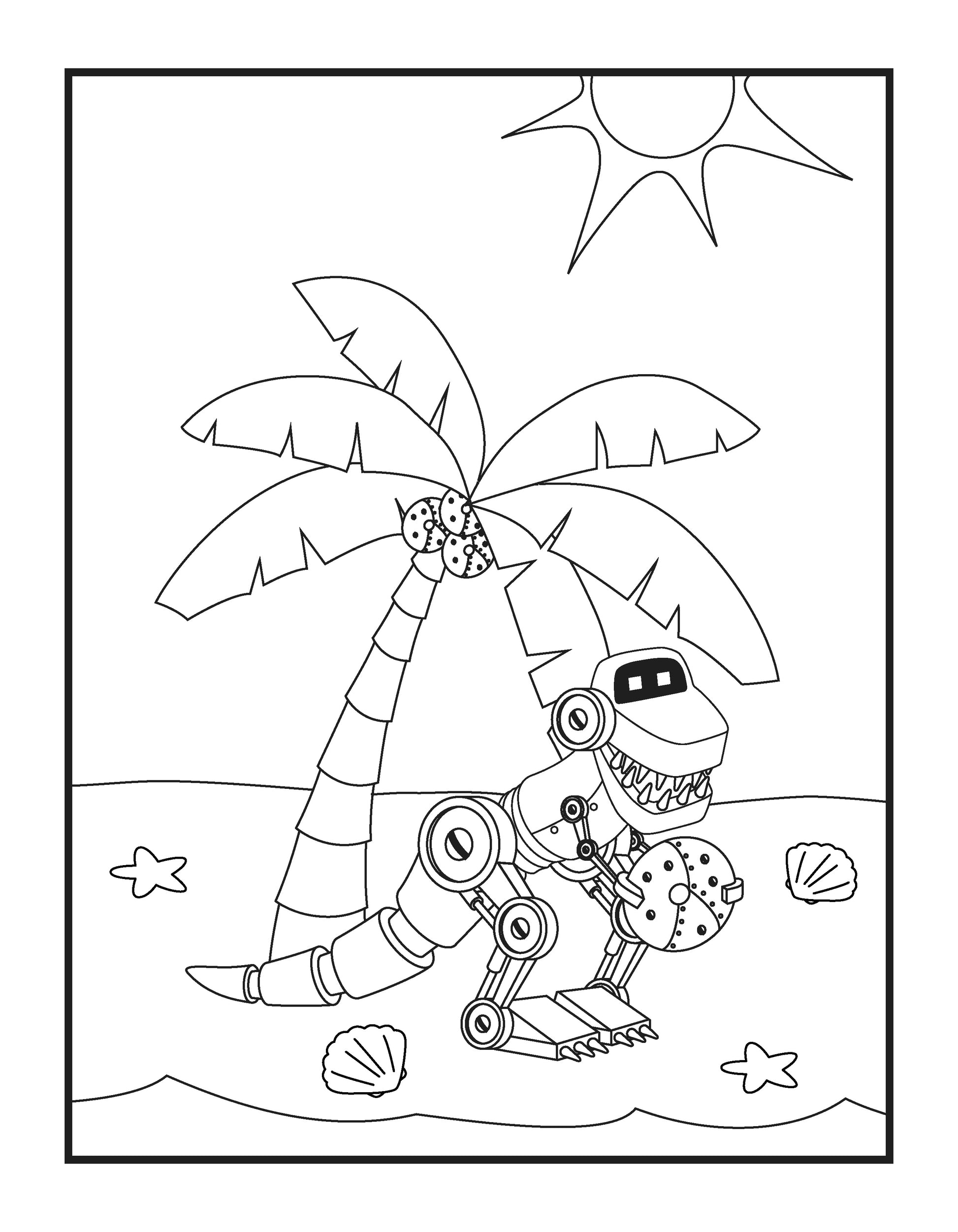 A playful coloring page featuring a robotic dinosaur on a tropical beach. The dinosaur, with mechanical details and sharp teeth, holds a doughnut in its claw. Behind it, a tall palm tree with doughnuts hanging like coconuts sways under a shining sun. Seashells and starfish decorate the sandy beach, inviting creativity and fun.