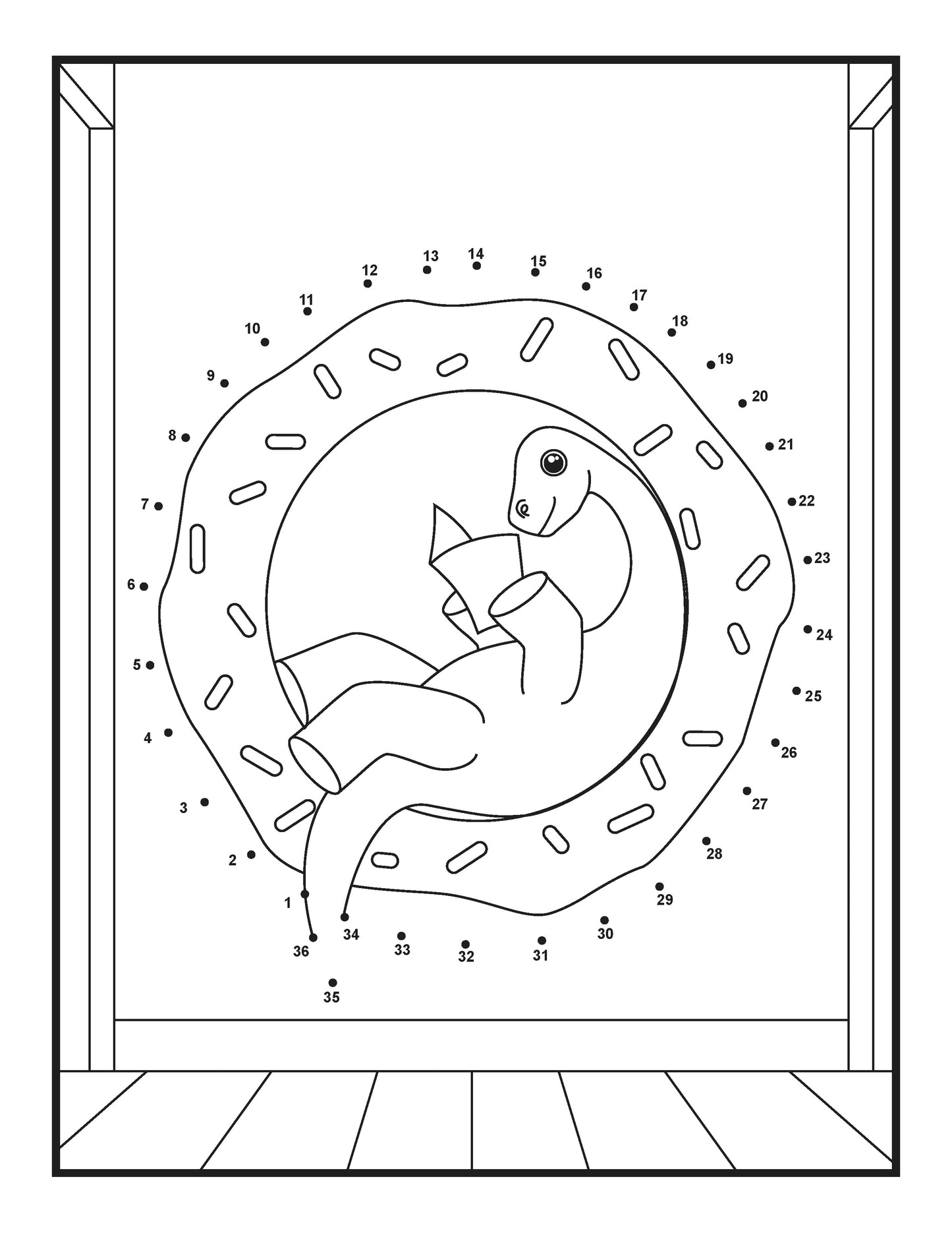 The image is a connect-the-dots activity featuring a playful dinosaur reading a book while comfortably nestled inside a doughnut. The dinosaur is surrounded by numbers from 1 to 37, indicating the sequence for connecting the dots. The doughnut is adorned with sprinkles, adding a fun and whimsical touch to the scene.