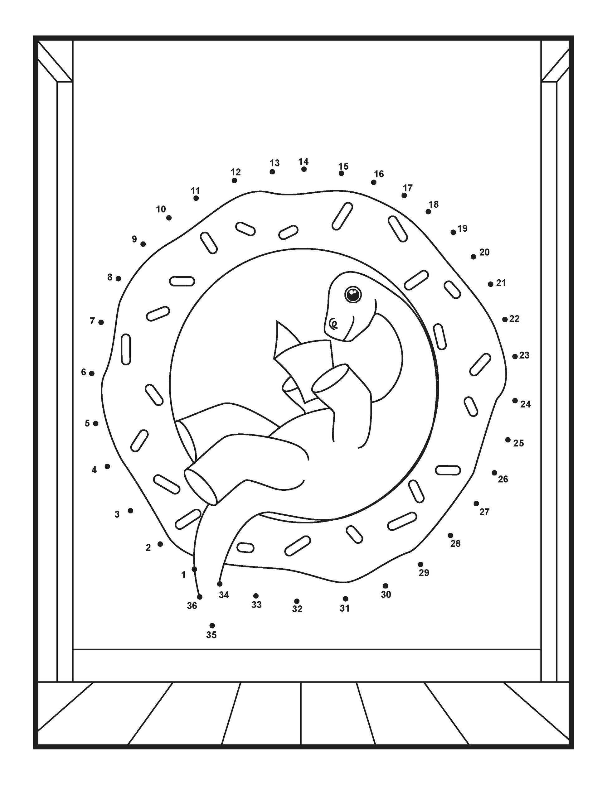 The image is a connect-the-dots activity featuring a playful dinosaur reading a book while comfortably nestled inside a doughnut. The dinosaur is surrounded by numbers from 1 to 37, indicating the sequence for connecting the dots. The doughnut is adorned with sprinkles, adding a fun and whimsical touch to the scene.