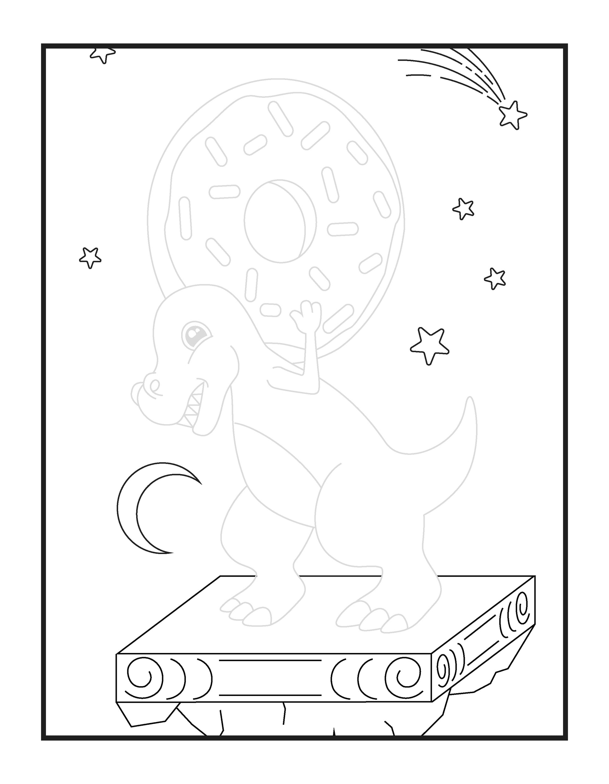 A whimsical coloring page depicts a cheerful dinosaur standing on a decorative pedestal, proudly holding a giant sprinkled doughnut above its head. The background is a night sky filled with twinkling stars, a crescent moon, and a shooting star streaking across. The combination of celestial elements and the dinosaur’s pose creates a playful and imaginative scene.