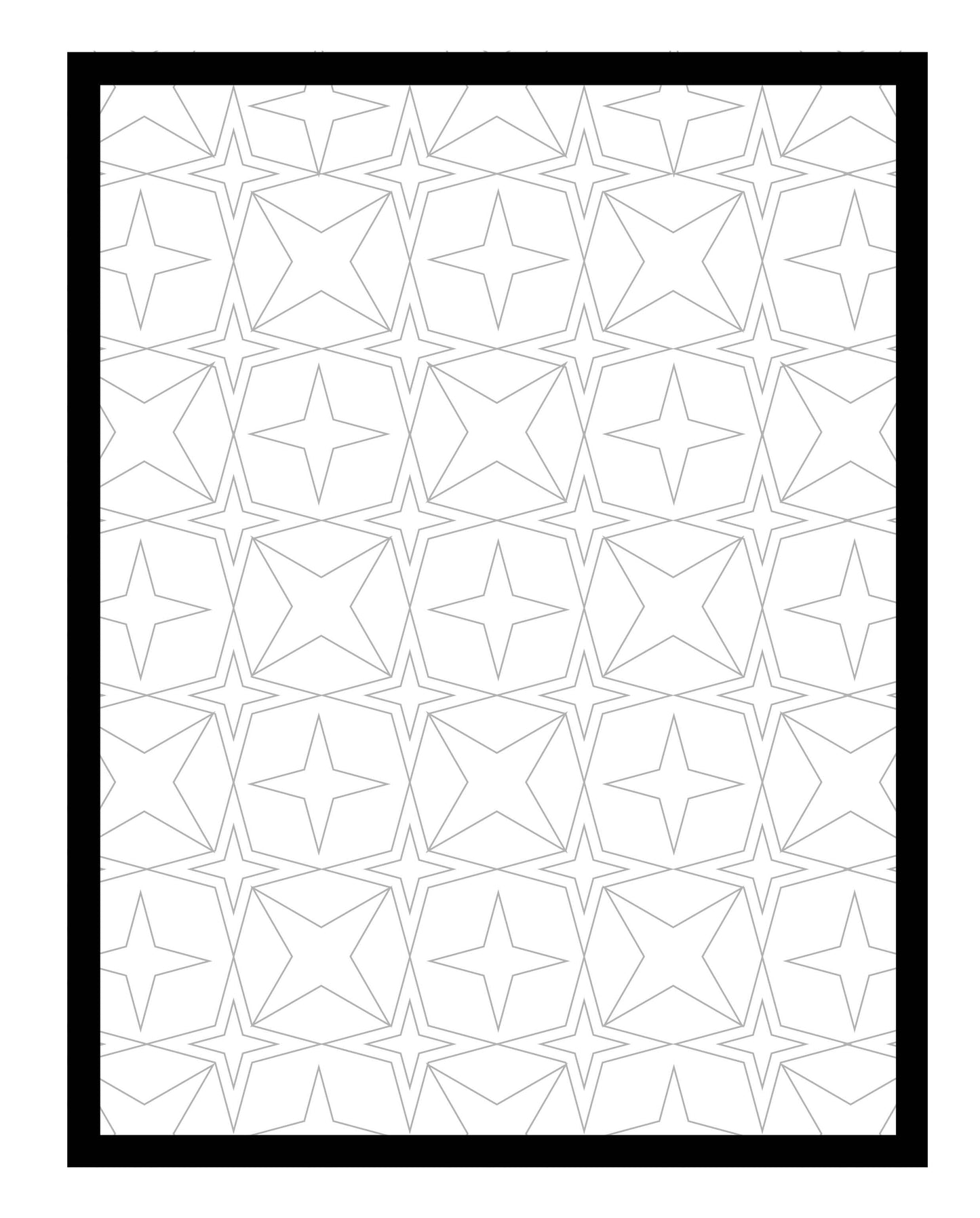 A black-framed coloring page showcasing a repeating geometric pattern of 4-pointed stars. The intricate design invites creativity with endless possibilities for vibrant color combinations