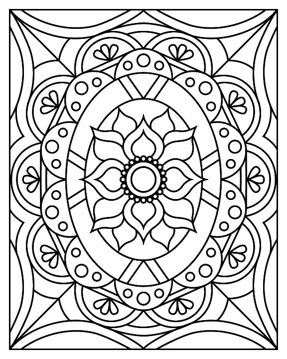 
A black-and-white mandala coloring page featuring a central oval shape surrounded by floral and geometric patterns. At the heart of the design is a flower-like motif with petals radiating around a circular center. The surrounding elements include small circular accents, fan-like shapes, and intricate arches, creating a symmetrical and balanced composition perfect for coloring enthusiasts.