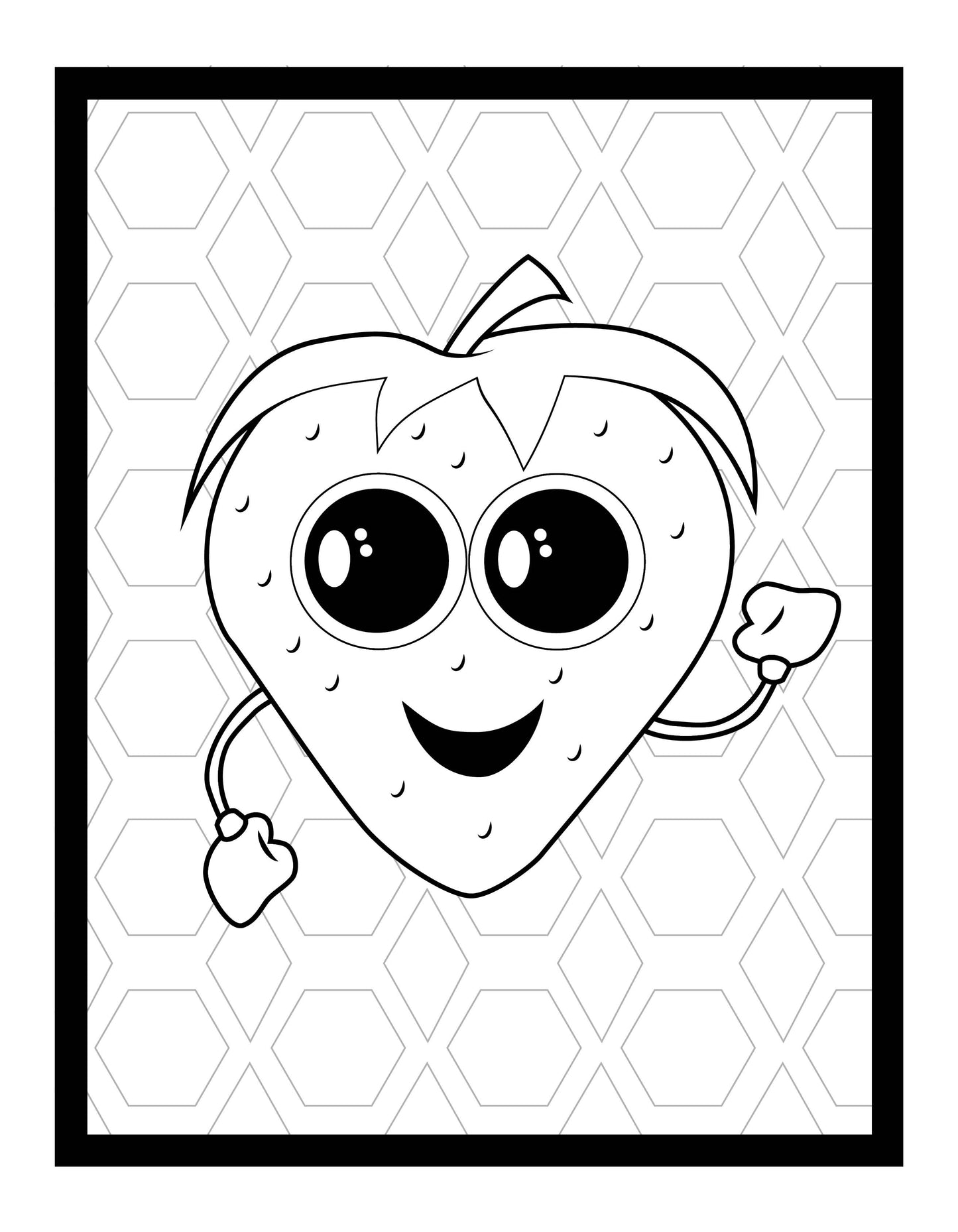 A playful illustration of a strawberry character with a wide smile and large, gleaming eyes that exude charm. The strawberry has small dotted details resembling seeds, and a leafy top adds to its whimsical appearance. The character’s arms are raised, showing its tiny gloves, giving an energetic and cheerful vibe. The background features a repeating hexagonal pattern, adding a dynamic touch to the composition.