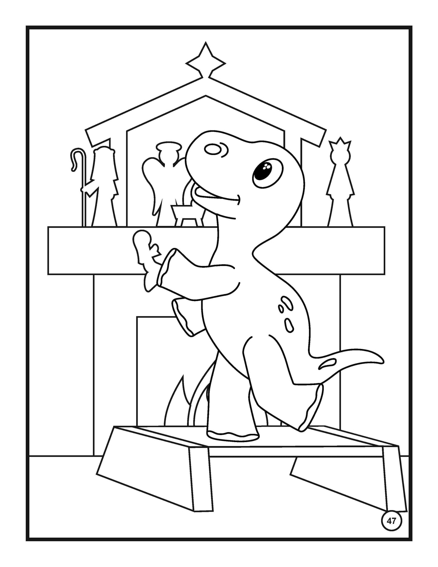 A coloring book page features a delightful scene with a little dinosaur playfully setting up a Nativity scene on a mantelpiece. The dinosaur, standing on a stool, is placing a figure into the display, surrounded by other figures like sheep and wise men. The design is framed within a simple border, inviting children to color within the lines and engage with the festive setup.