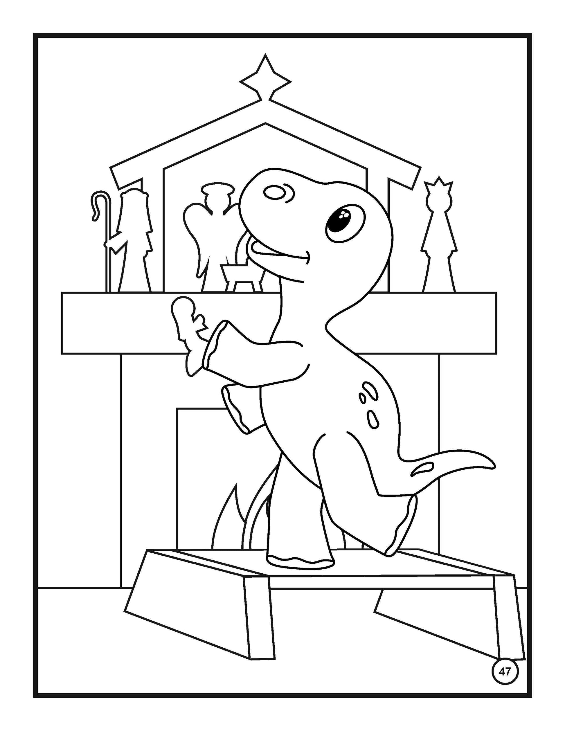 A coloring book page features a delightful scene with a little dinosaur playfully setting up a Nativity scene on a mantelpiece. The dinosaur, standing on a stool, is placing a figure into the display, surrounded by other figures like sheep and wise men. The design is framed within a simple border, inviting children to color within the lines and engage with the festive setup.