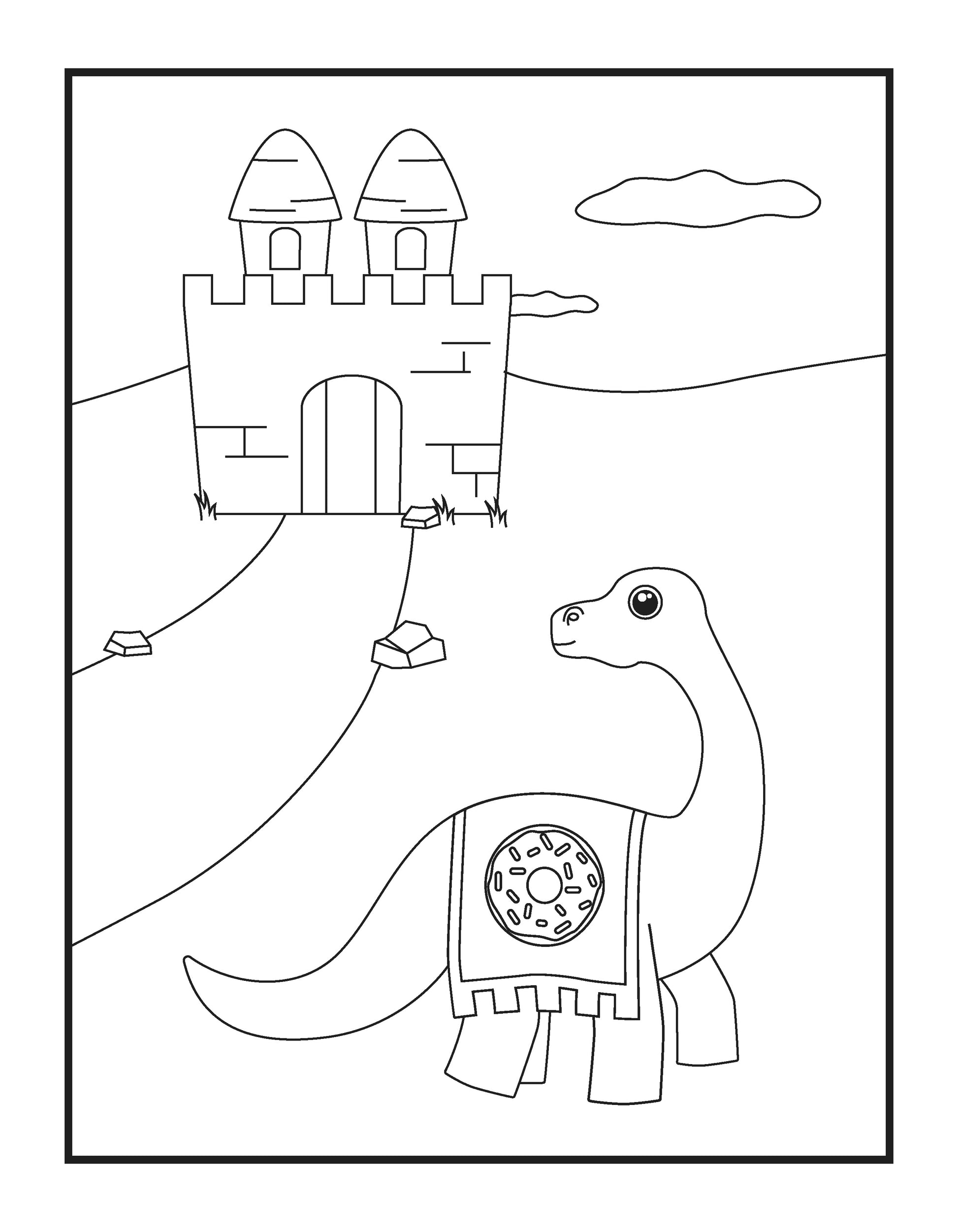 A whimsical coloring page featuring a dinosaur dressed with a royal banner, that features a doughnut. The dinosaur stands on a winding path leading to a castle with two towers in the distance. The scene is set against rolling hills and a cloudy sky, inviting creativity and imagination.