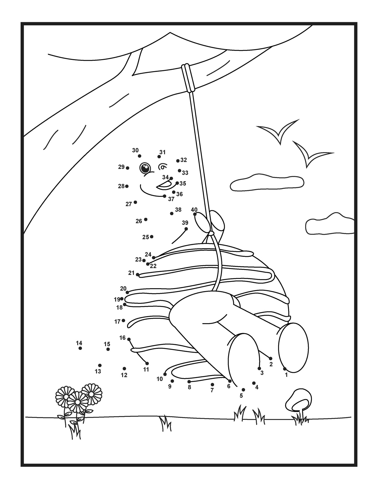 The image displays a connect-the-dots activity featuring a cheerful dinosaur swinging from a tree branch. Numbers 1 to 40 guide the connections around the swinging dinosaur, set against a backdrop of clouds and flying birds. The scene includes details like grass and small plants, providing an engaging and educational outdoor setting for children.