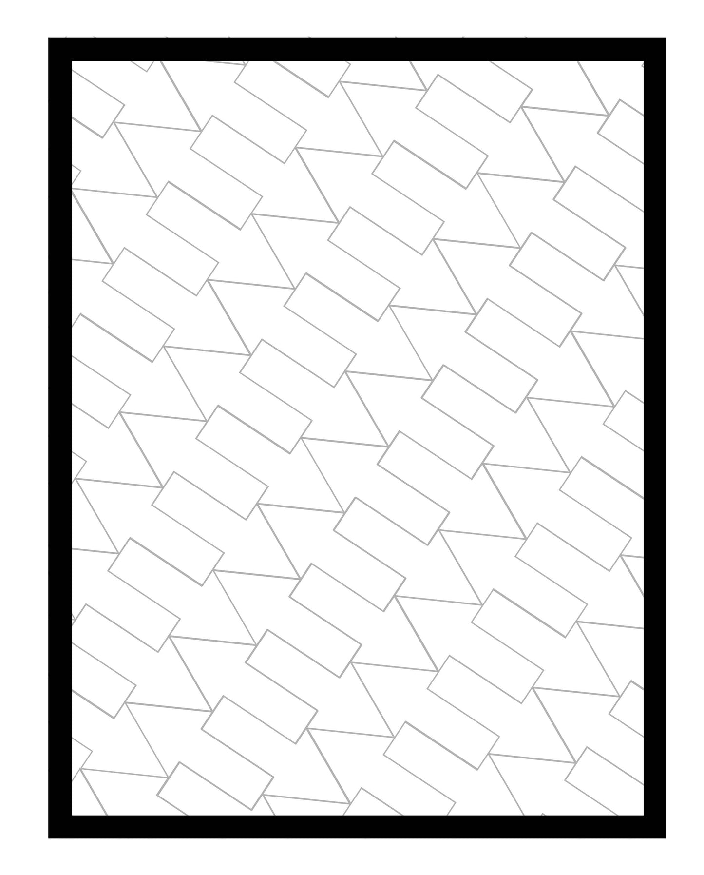 A black-framed coloring page featuring a repeating geometric pattern of tilted arrows. The clean and minimalistic design is ideal for exploring various color combinations and creative shading techniques."