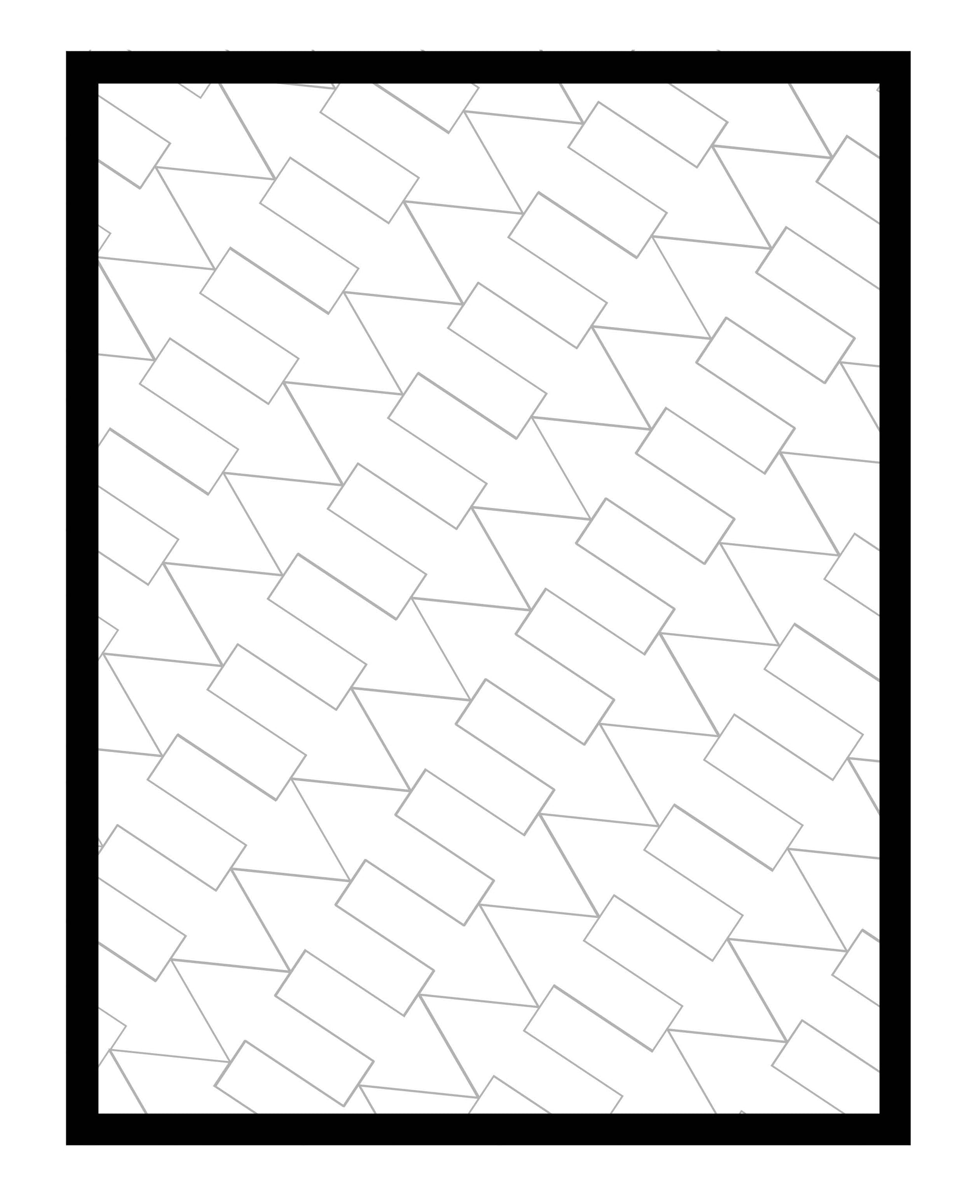 A black-framed coloring page featuring a repeating geometric pattern of tilted arrows. The clean and minimalistic design is ideal for exploring various color combinations and creative shading techniques."