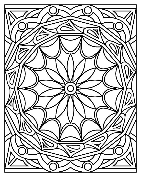 A black-and-white mandala coloring page featuring a detailed circular design. The centerpiece consists of a flower-like pattern with elongated petals radiating around a small central circle. Surrounding the center are layers of scalloped, geometric, and triangular shapes, creating a symmetrical and intricate design. Additional accents, such as circles and triangles, frame the outer edge, making it ideal for coloring enthusiasts to bring to life with vibrant colors.