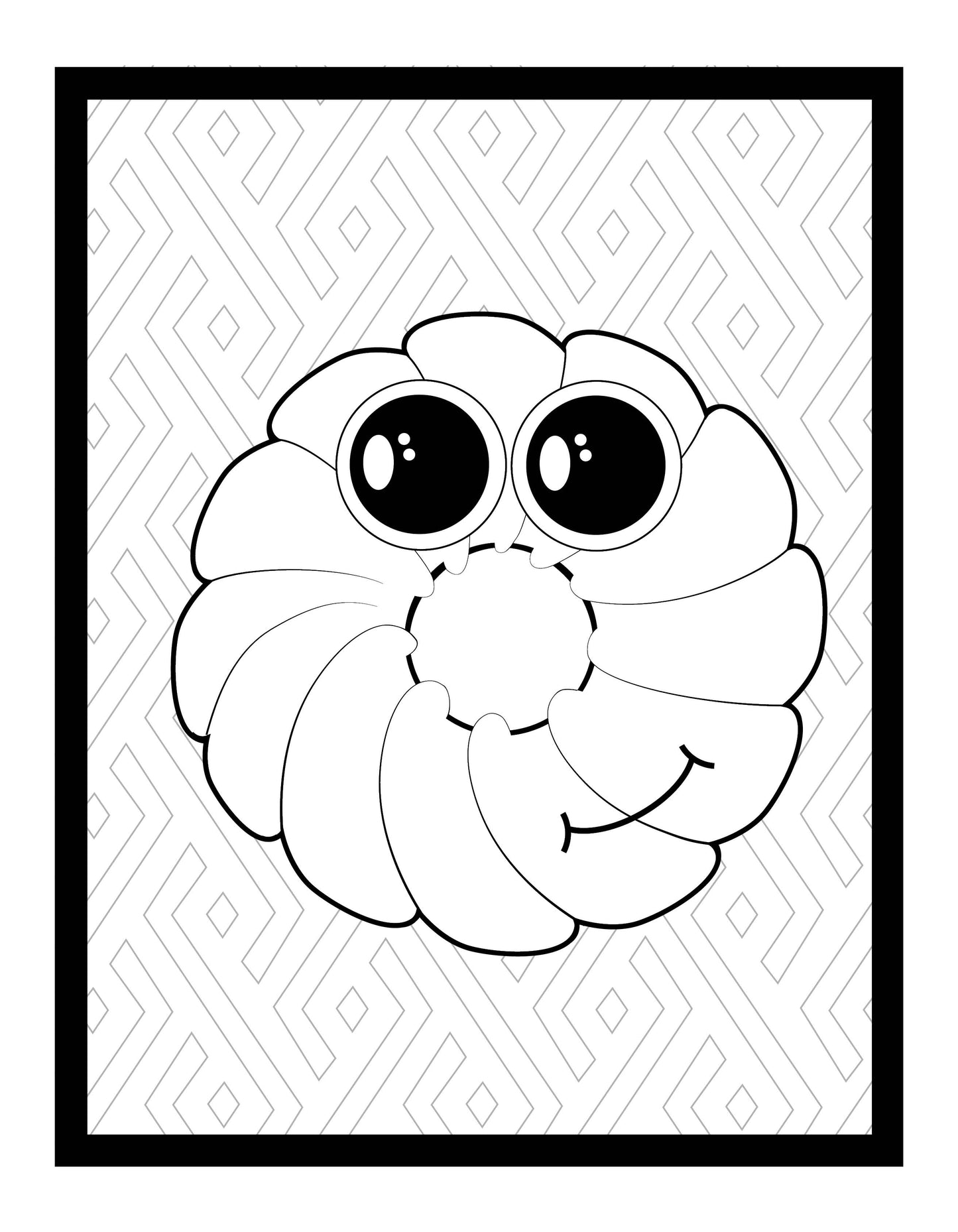 A delightful illustration of a donut character with swirled frosting and a large, cheerful smile. The character features oversized, shiny eyes that give it an endearing and lively expression. The background consists of a geometric maze-like pattern with interlocking shapes, adding an intricate and playful element to the design. The overall vibe is whimsical and fun.