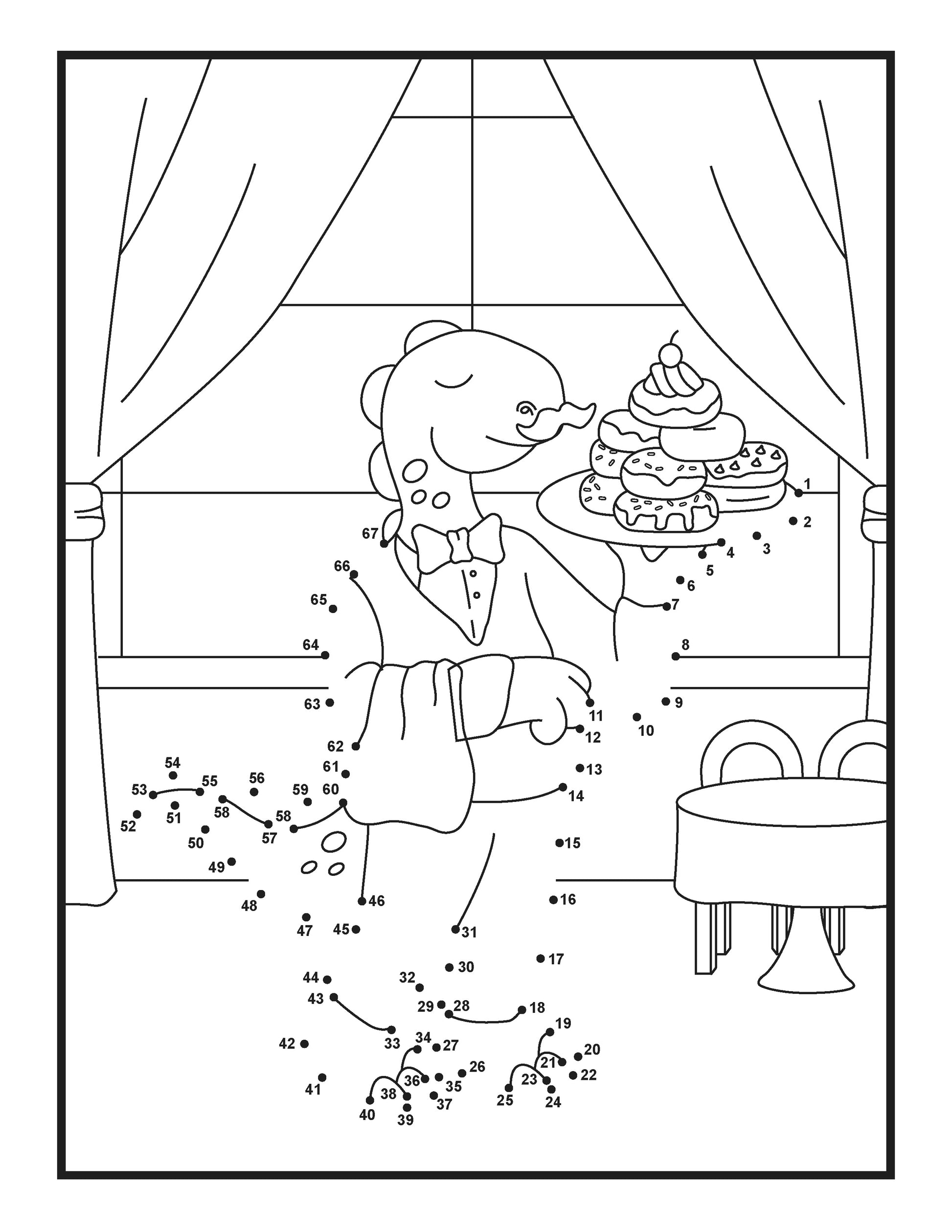 The image displays a connect-the-dots activity page featuring a joyful dinosaur dressed as a waiter. The dinosaur is serving a tray with a tall stack of elaborately decorated doughnuts. The numbers for the dot-to-dot activity are scattered throughout the drawing, inviting engagement to reveal the full image. The scene is set against a background with curtains, suggesting a cozy, indoor setting. The overall theme mixes a playful dinosaur character with a whimsical food service scenario, ideal for a children