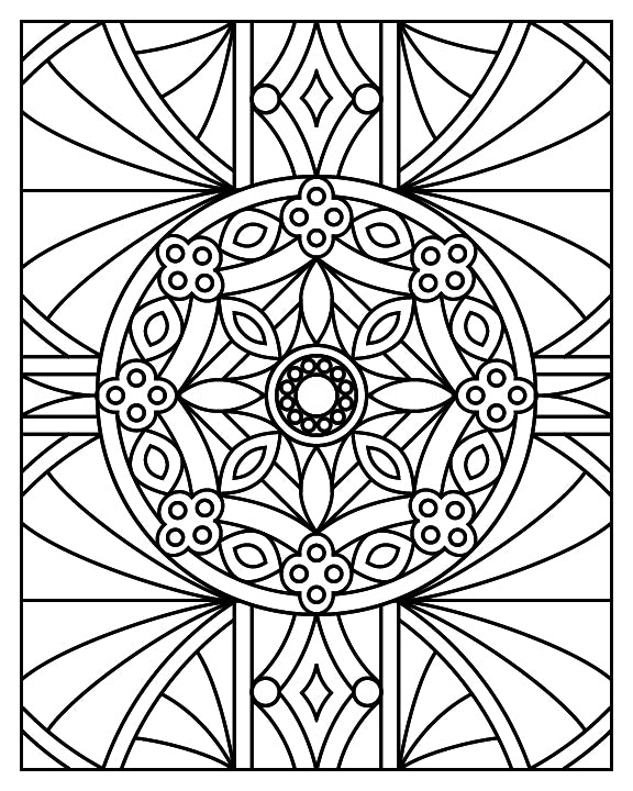 A black-and-white mandala coloring page showcasing a circular centerpiece adorned with floral patterns, including small flowers and leaf-like shapes. The intricate design radiates outward with geometric sections and repeating symmetrical elements. Surrounding the circle are triangular and diamond-shaped patterns, along with rays and curved lines that give a stained-glass window effect. This page is perfect for creating vibrant, colorful artwork.