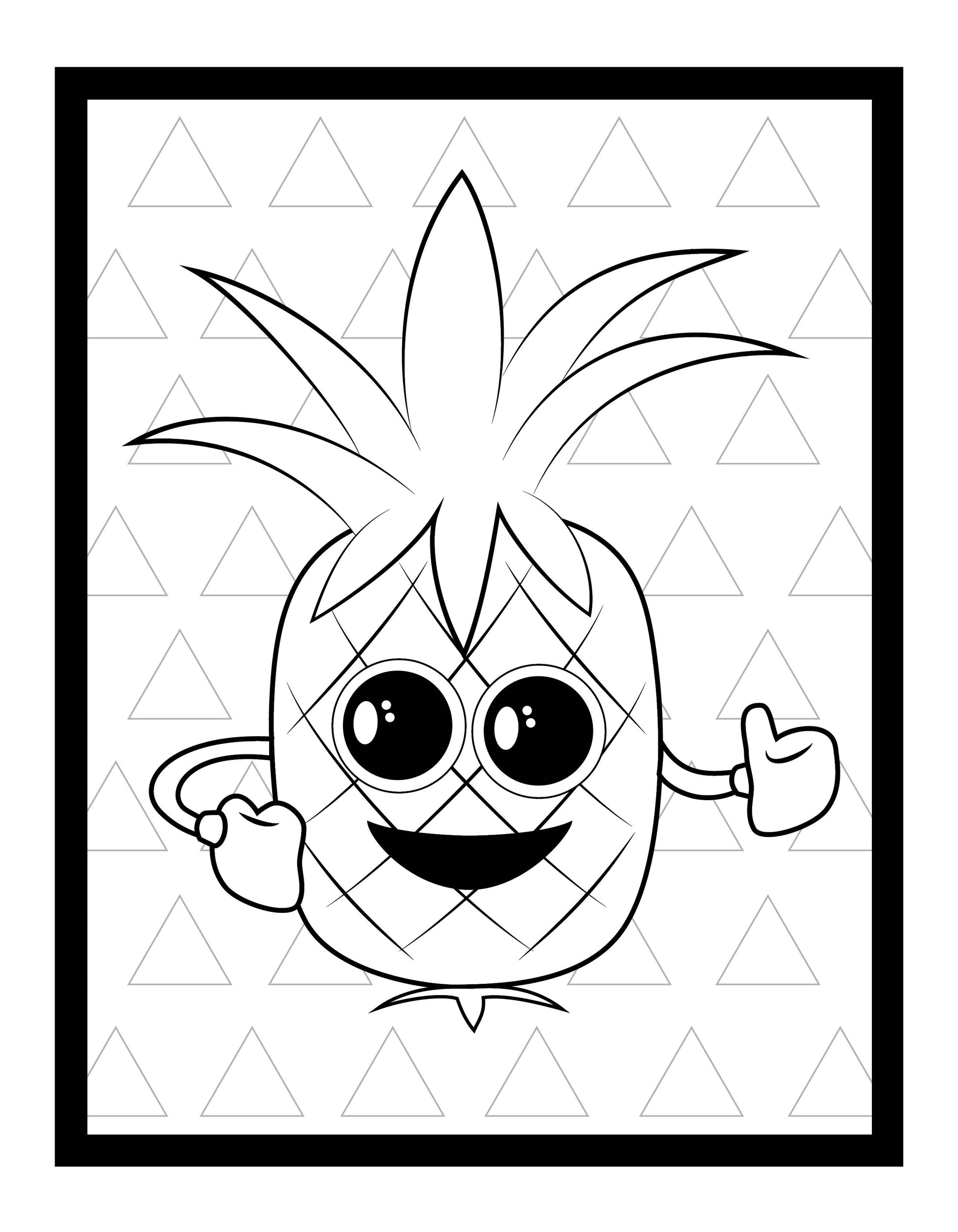 A cheerful illustration of a pineapple character with big, shiny eyes, a wide smile, and playful arms giving a thumbs-up gesture. The pineapple's leafy top stands tall and lively, while its body features a crisscross pattern typical of pineapples. The background consists of a repeating pattern of outlined triangles, adding a geometric touch to the scene. The overall vibe is fun and upbeat.