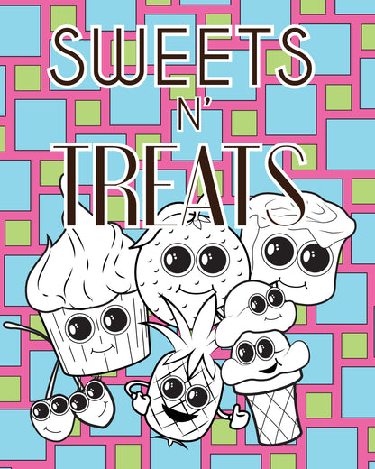 A colorful cover for "Sweats-N-Treats" features a group of cheerful dessert characters with large, expressive eyes, including a cupcake, orange, pineapple, ice cream cone, and a cinnamon roll. Two smiling cherries hang off to the side. The background is a vibrant grid pattern of blue squares outlined in pink, with alternating green accents, creating a fun and lively aesthetic.