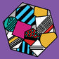 A vibrant graphic featuring a hexagonal design filled with a variety of colorful and dynamic patterns. The segments within the hexagon include teal stripes, pink polka dots, and segments in solid yellow and black, as well as white with black stripes, creating a bold and contemporary visual impact on a purple background.