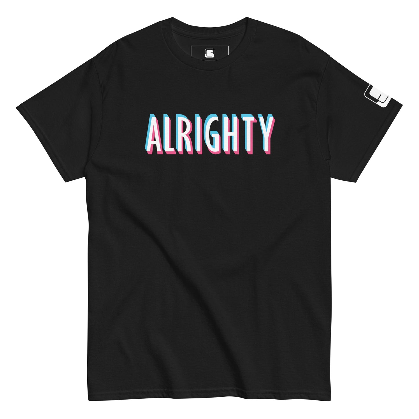 A black t-shirt displayed flat, featuring the word "ALRIGHTY" in large, playful letters across the chest. The typography exhibits a striking gradient that smoothly transitions from pink to white to light blue, adding a touch of vibrancy against the dark fabric. The t-shirt has a traditional crew neck and short sleeves, and it is accentuated with a small logo patch on the left sleeve, adding a subtle detail to the casual design.