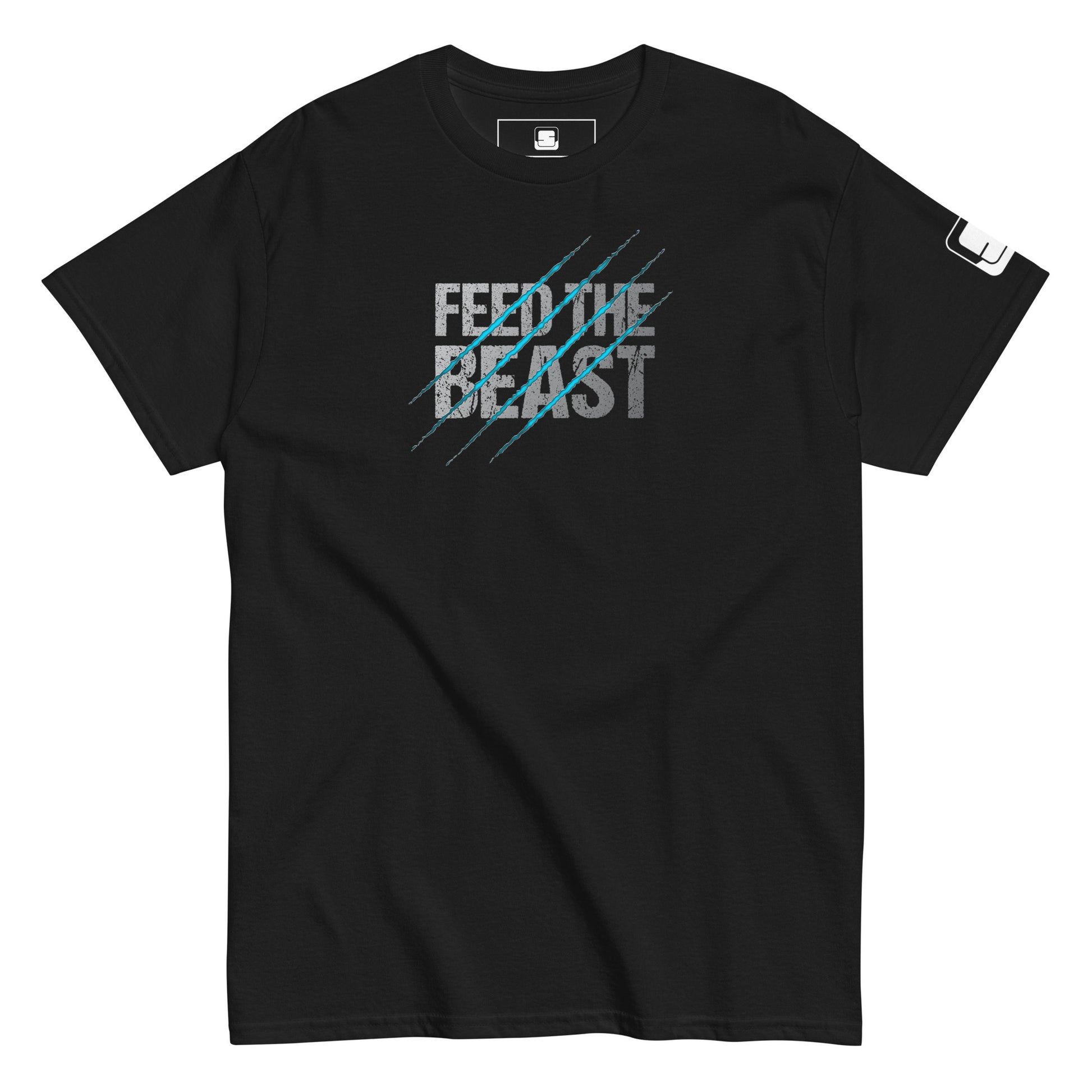 Black t-shirt with a graphic design featuring the phrase 'FEED THE BEAST' in large, distressed white and blue text, overlaid with diagonal blue scratch marks.