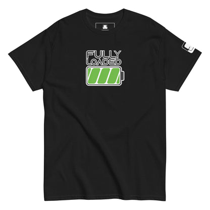 A black t-shirt features a vibrant design with the words "FULLY LOADED" in black with white outline letters above a bright green battery icon that is filled to indicate full charge. The graphic is centrally placed on the chest, standing out against the dark fabric for a bold, modern look. The design cleverly symbolizes energy and readiness, suited for a dynamic and youthful style.