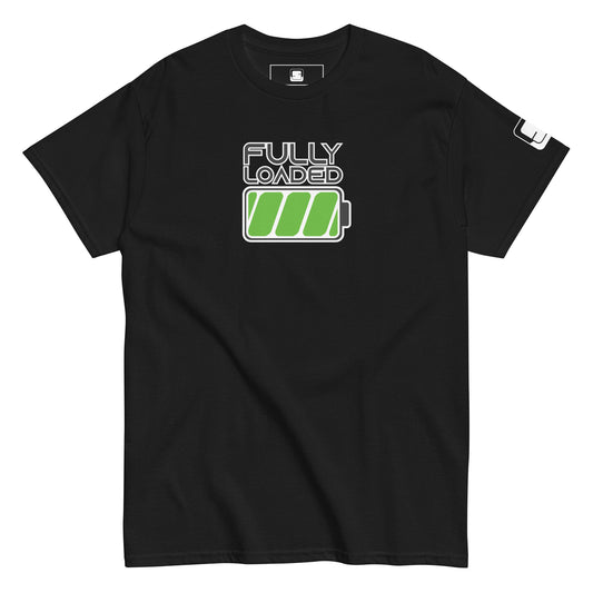 A black t-shirt features a vibrant design with the words "FULLY LOADED" in black with white outline letters above a bright green battery icon that is filled to indicate full charge. The graphic is centrally placed on the chest, standing out against the dark fabric for a bold, modern look. The design cleverly symbolizes energy and readiness, suited for a dynamic and youthful style.