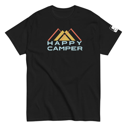 A black t-shirt that showcases three colorful mountain peaks in yellow and orange hues with a superimposed text in a stylish font that reads "HAPPY CAMPER" in light blue. The t-shirt is styled with a crew neck and short sleeves, perfect for casual wear or outdoor adventures.