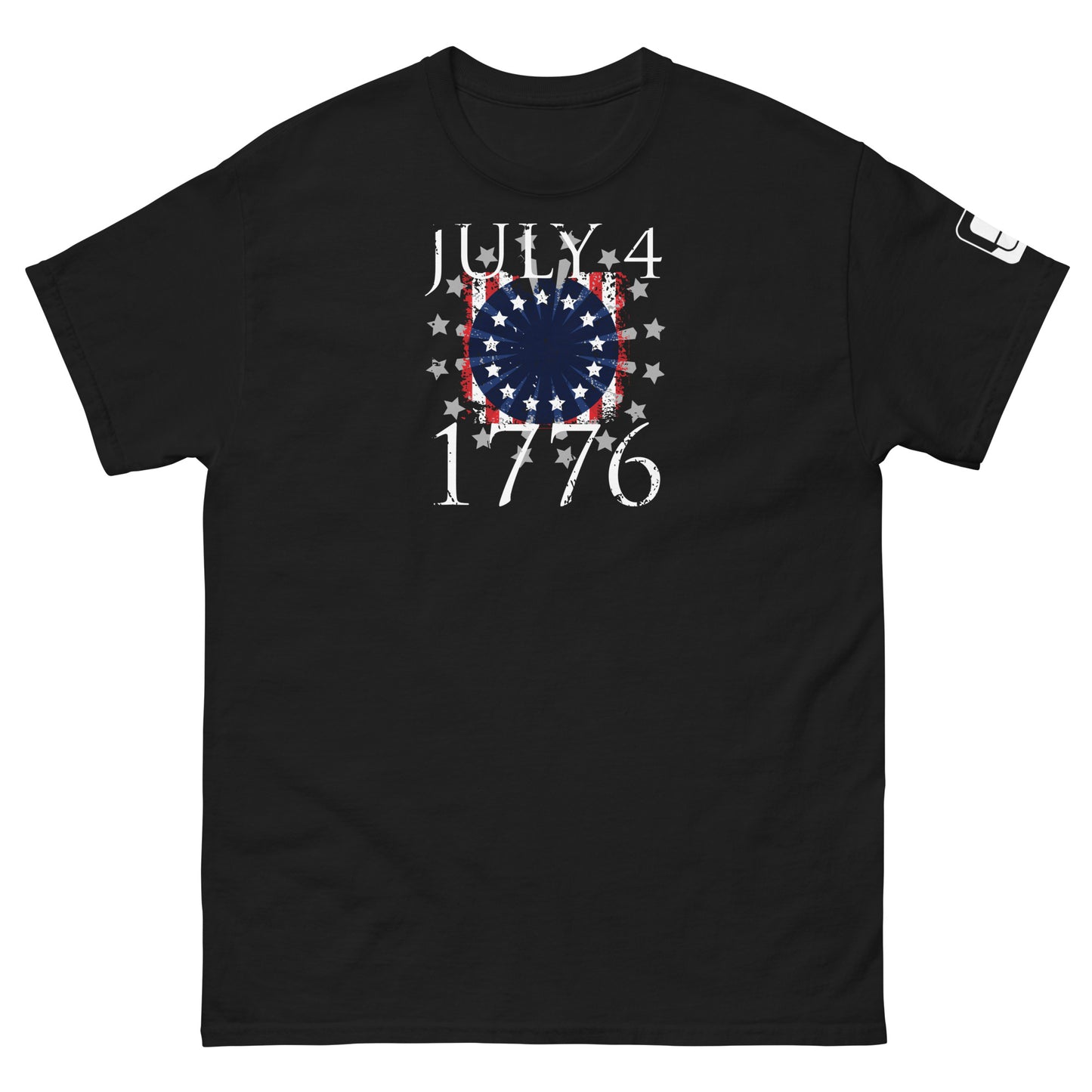 A black t-shirt displayed flat, featuring a "July 4, 1776" graphic design in white and red on the chest. The design showcases a circular motif filled with blue and white stars, surrounded by red and white stripes that evoke the American flag, symbolizing the nation's independence. The bold date text is both prominent and celebratory, making this shirt a perfect choice for Fourth of July festivities.