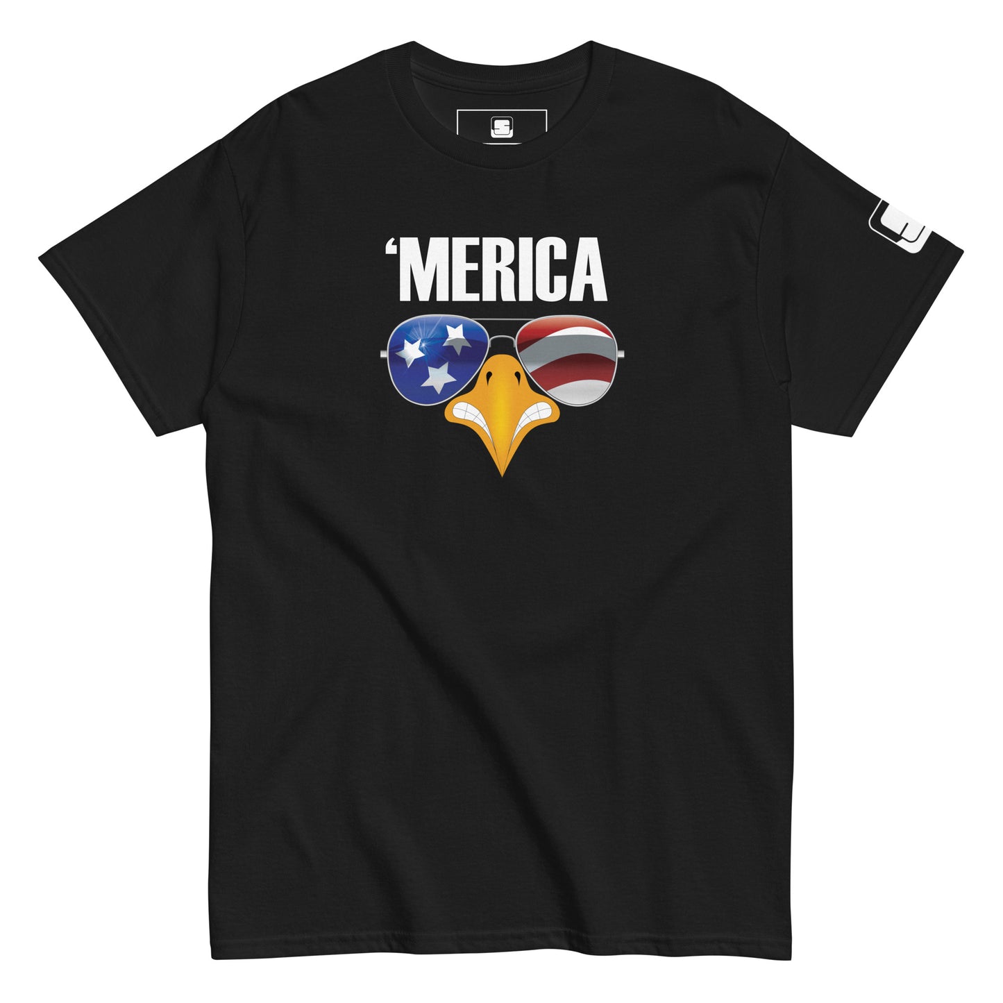 A black t-shirt laid flat, showcasing a bold graphic that reads "'MERICA" in white uppercase letters. The design features an eagle's beak in the center, flanked by a pair of sunglasses. The left lens of the sunglasses displays white stars against a blue background, and the right lens shows red and white stripes, both symbolizing the American flag. The design captures a casual and patriotic theme, perfect for national holidays or everyday wear.