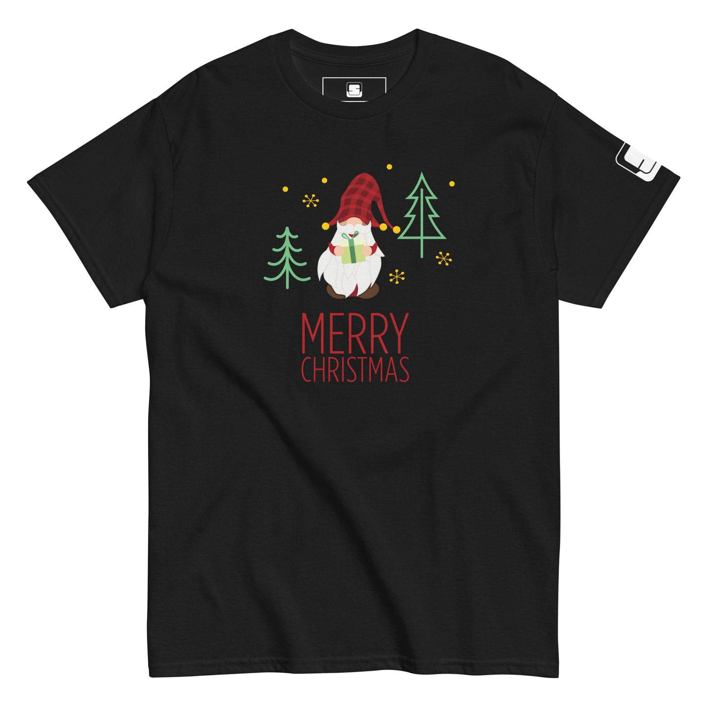 Black tee shirt showcasing a festive Santa Claus graphic, complete with a red hat and surrounded by two green pine trees. Golden stars twinkle above, and the phrase 'Merry Christmas' is elegantly scripted in red across the bottom, adding a cheerful holiday touch.