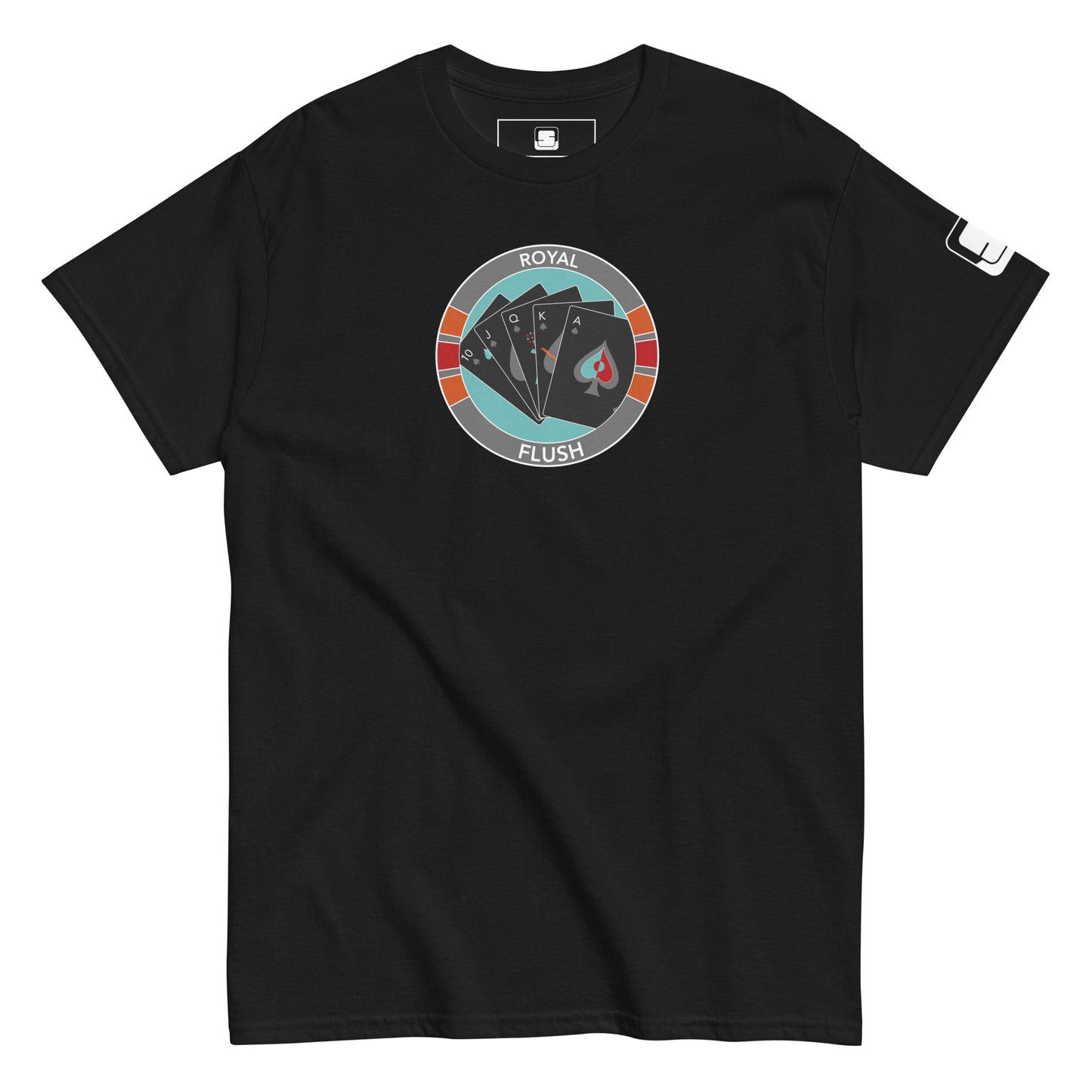 
A black t-shirt showcases a central graphic designed to mimic a poker chip. The design features a royal flush in spades on a teal, red, and gray backdrop, with the word "ROYAL FLUSH" arched at the top and bottom of the circle. The colors contrast sharply against the black fabric, creating a striking visual effect that highlights the poker theme. The shirt offers a casual yet themed appearance, suitable for various casual events or gaming events.